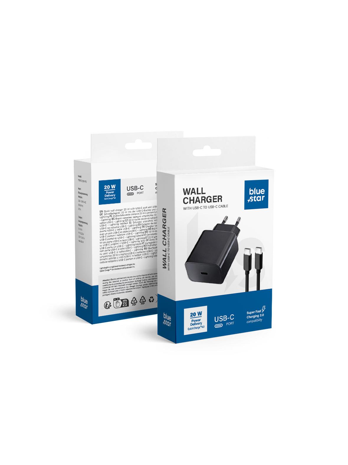 Ładowarka sieciowa do telefonu Blue Star USB C QC4.0 PD 3A 20W + kabel USB C do USB C TFB-TC-20WPD czarna