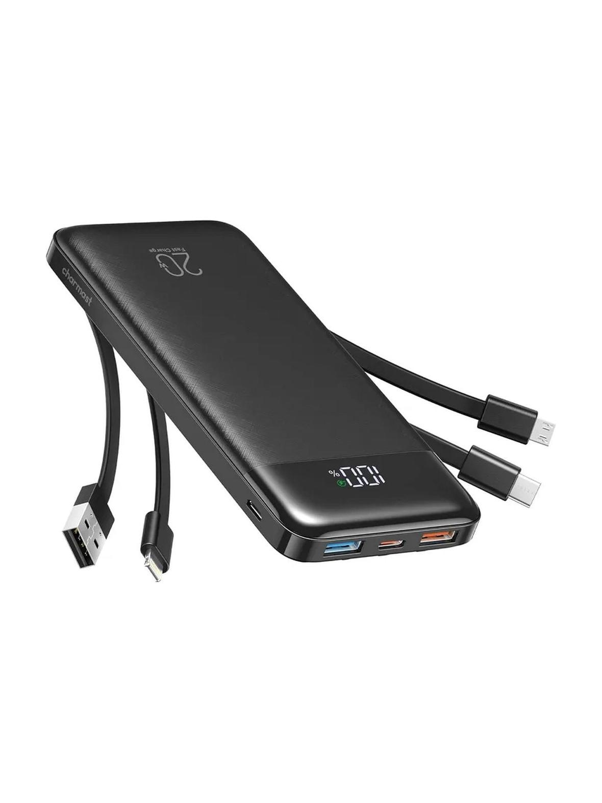 Powerbank Charmast W1148 5V 3A 10000 mAh z wbudowanymi kablami USB A / USB C / Lightning / Micro USB czarny