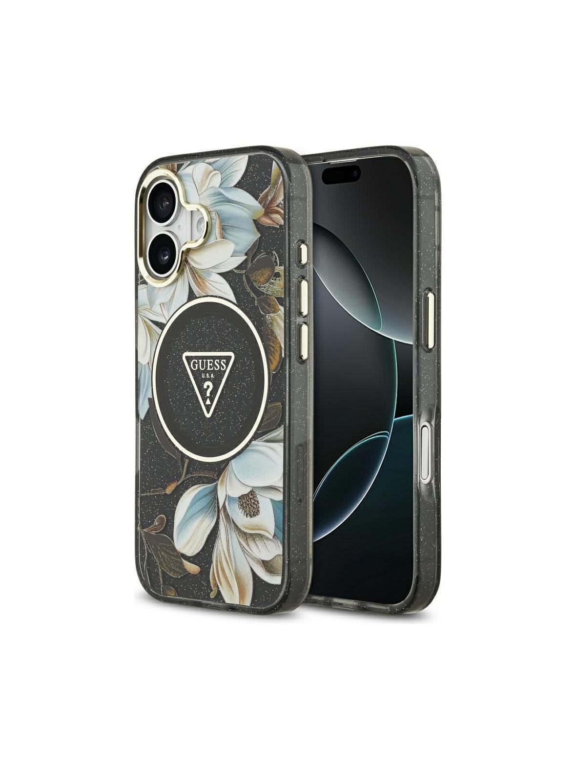 GUESS futerał do IPHONE 17 kompatybilny z MagSafe GUHMP17SHFLPEDK (IML Metal Glitter Flowers Triangle) czarny