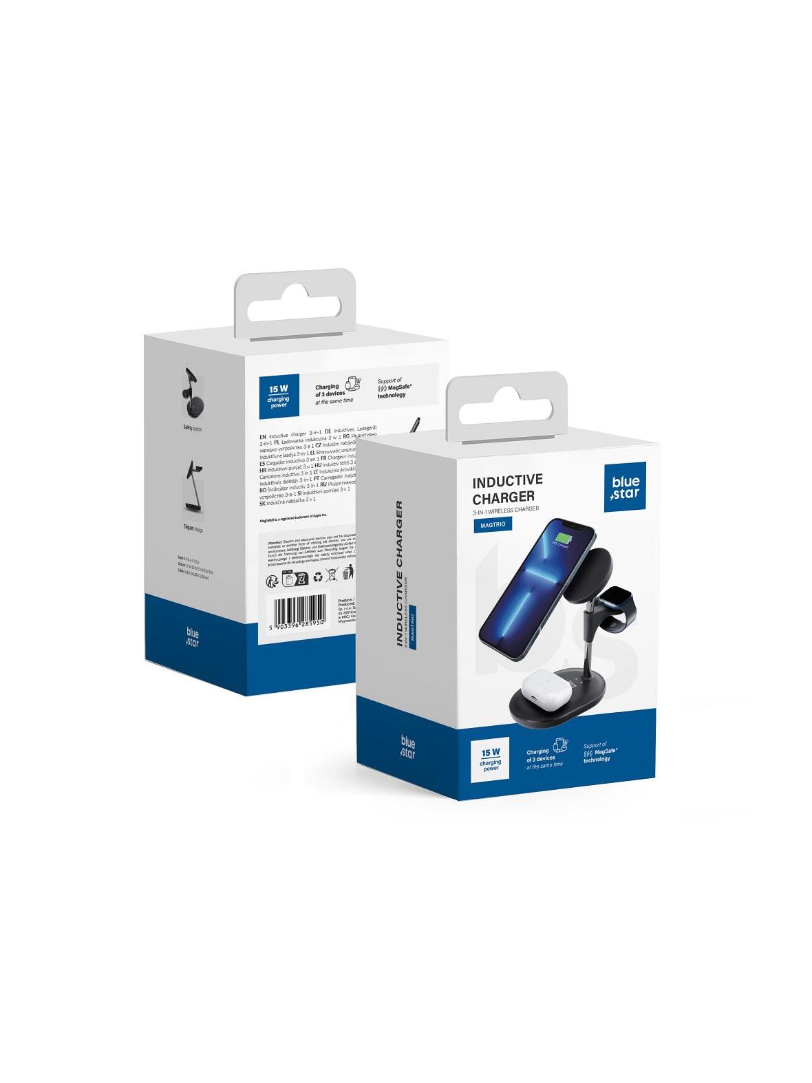 Ładowarka indukcyjna Blue Star 3w1 15W MagTrio zgodna z MagSafe czarna