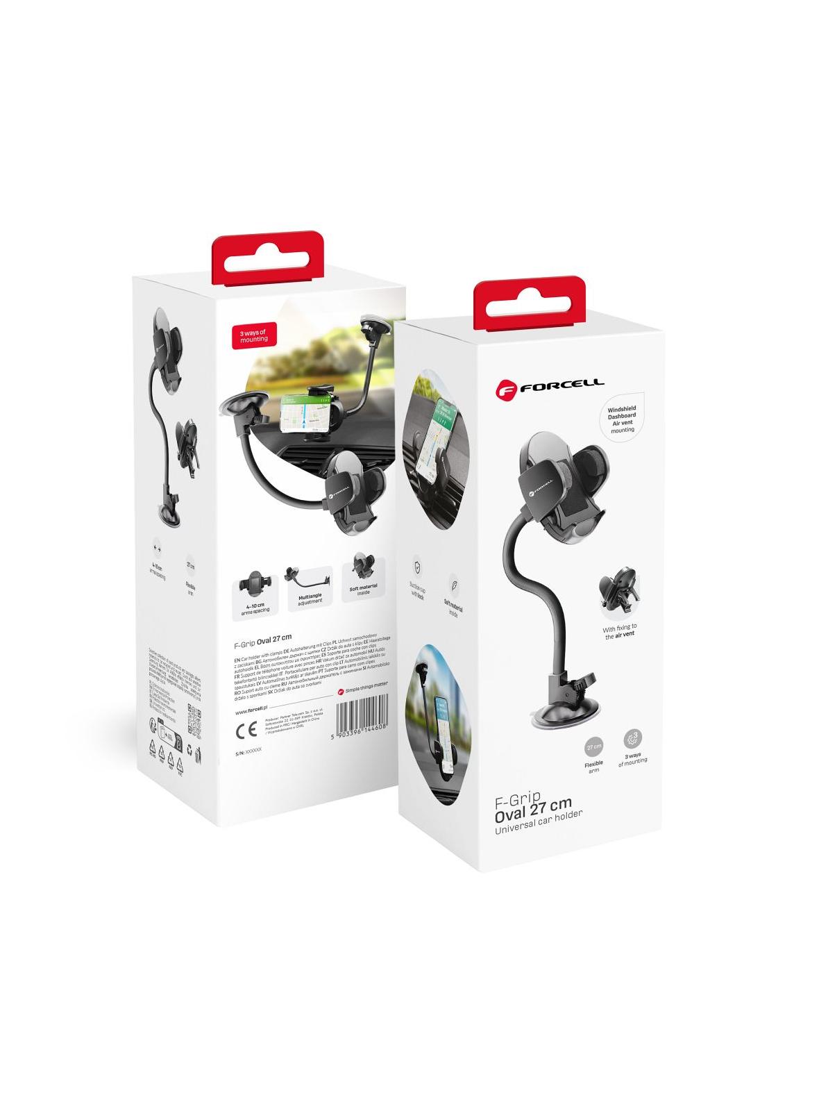 Uchwyt na telefon do samochodu uniwersalny Forcell F-Grip Oval 27 cm do szyby / deski / kratki czarny