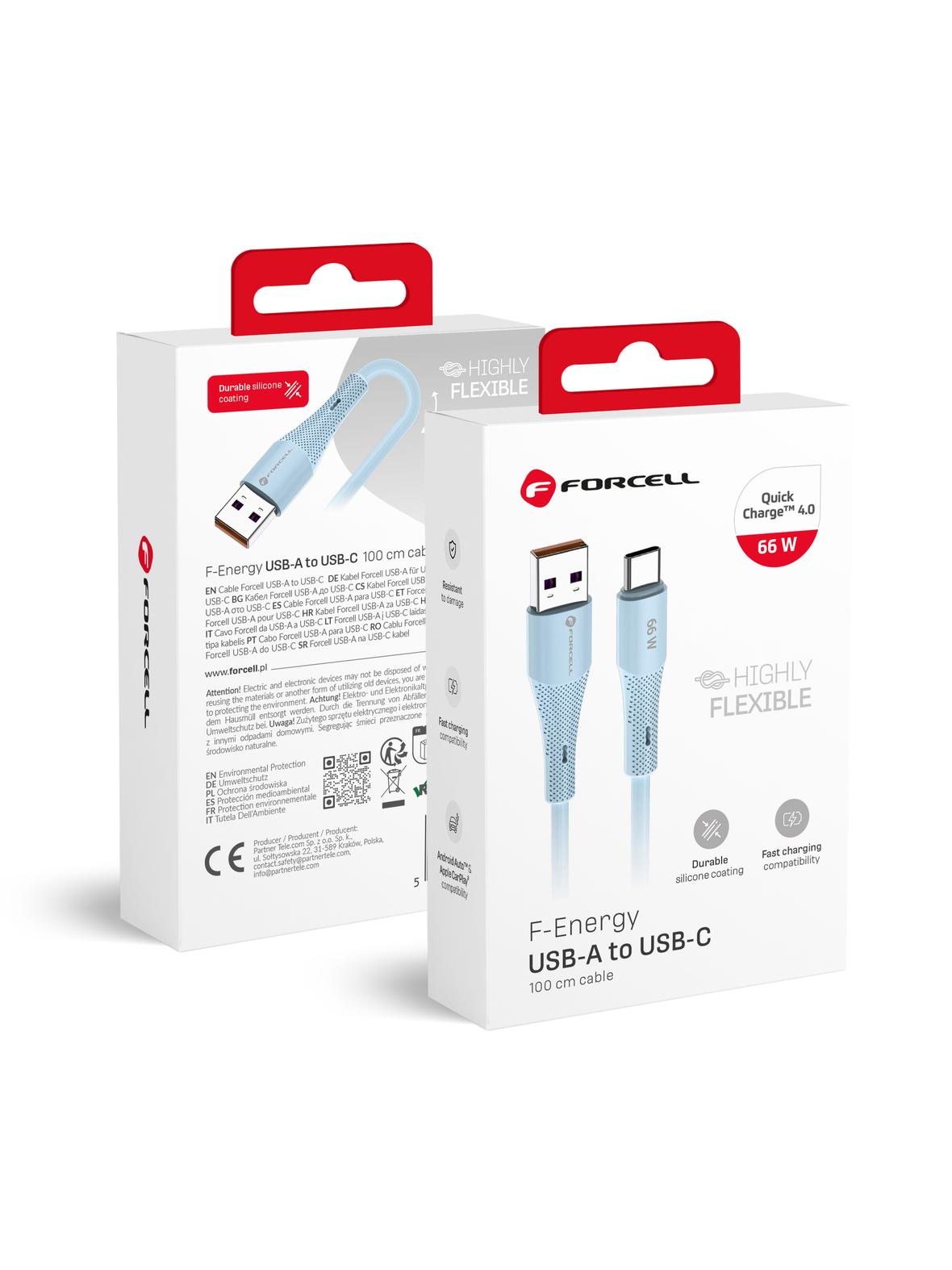 Kabel USB A do USB C Forcell F-Energy QC4.0 3A 66W Silicone 1 m C342 niebieski