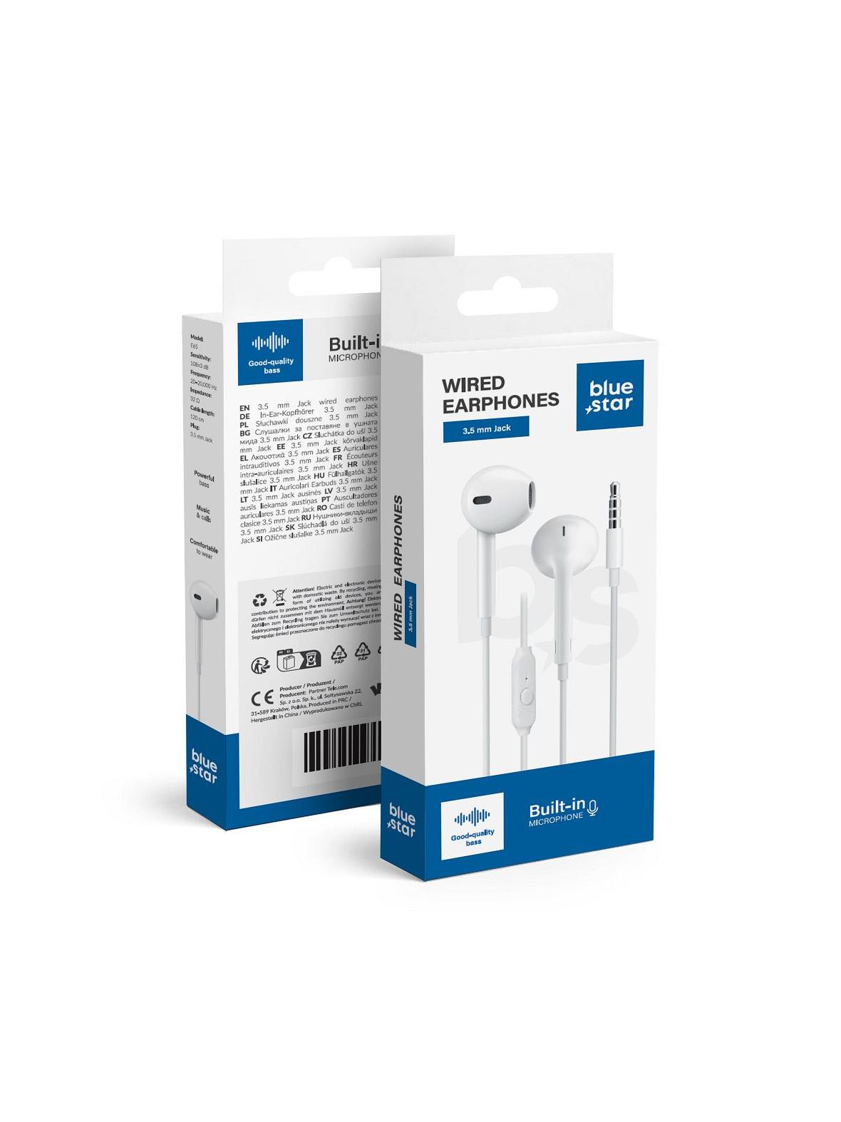 Słuchawki przewodowe douszne Jack 3,5 mm Blue Star PA-E65 1,2 m białe