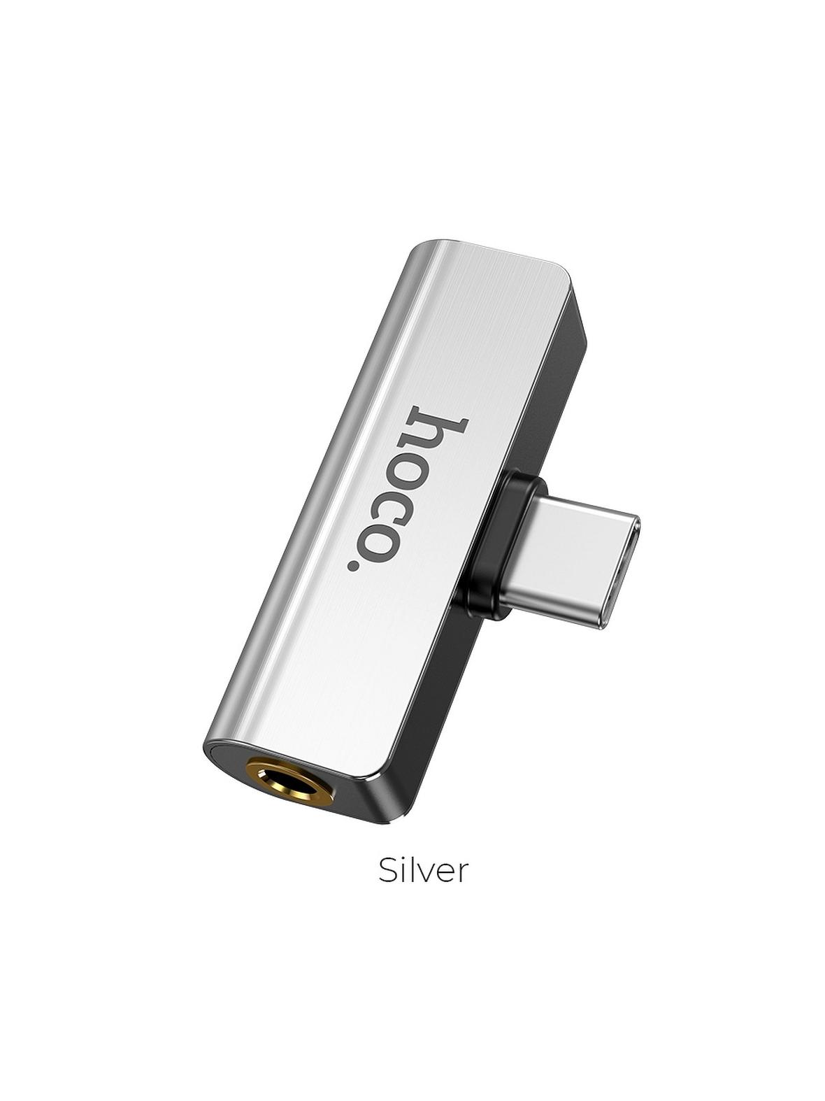 Adapter AUX 2w1 USB C do Jack 3,5 mm / USB C Hoco LS26 srebrny