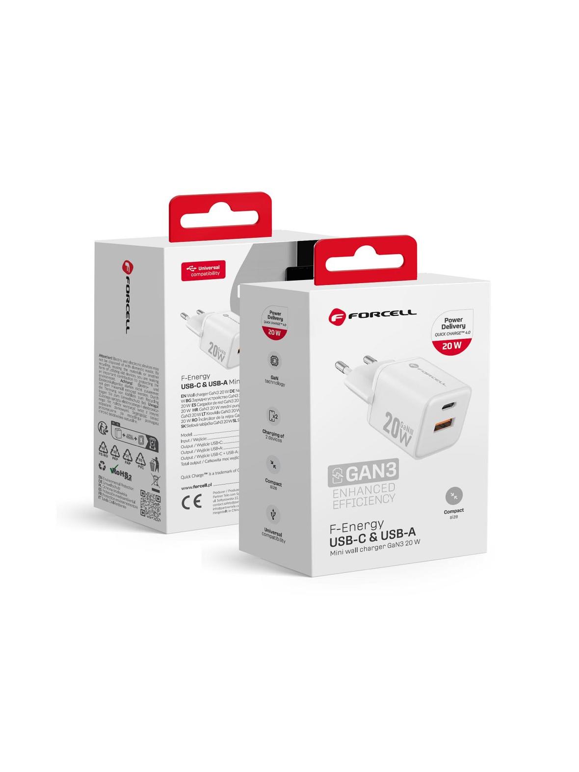 Ładowarka sieciowa do telefonu Forcell F-Energy Mini GaN III USB C + USB A QC4.0 PD 20W VT-35A biała 0INT