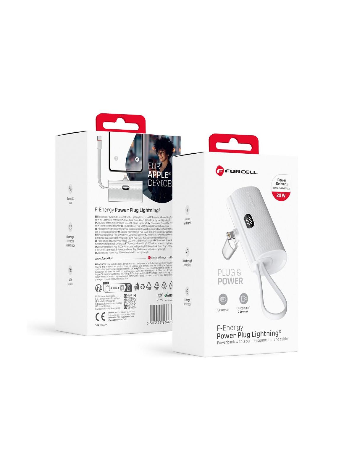 Powerbank Forcell F-Energy Power Plug F5K3 PD 20W 5000 mAh z wbudowanym złączem Lightning biały