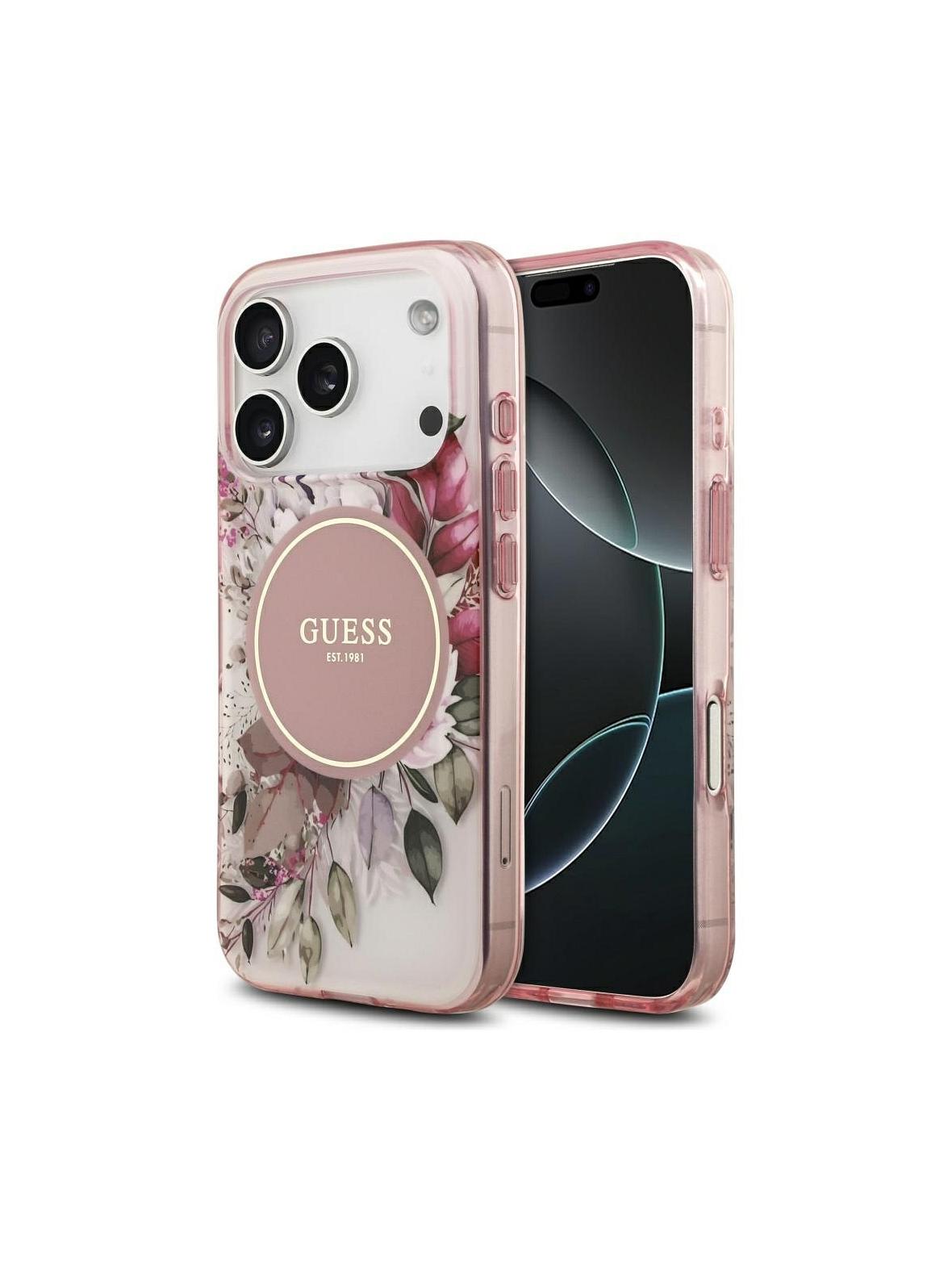 GUESS futerał do IPHONE 17 Pro Max kompatybilny z MagSafe GUHMP17XHFWBDCEP (IML Flower & Tonal Circle) różowy
