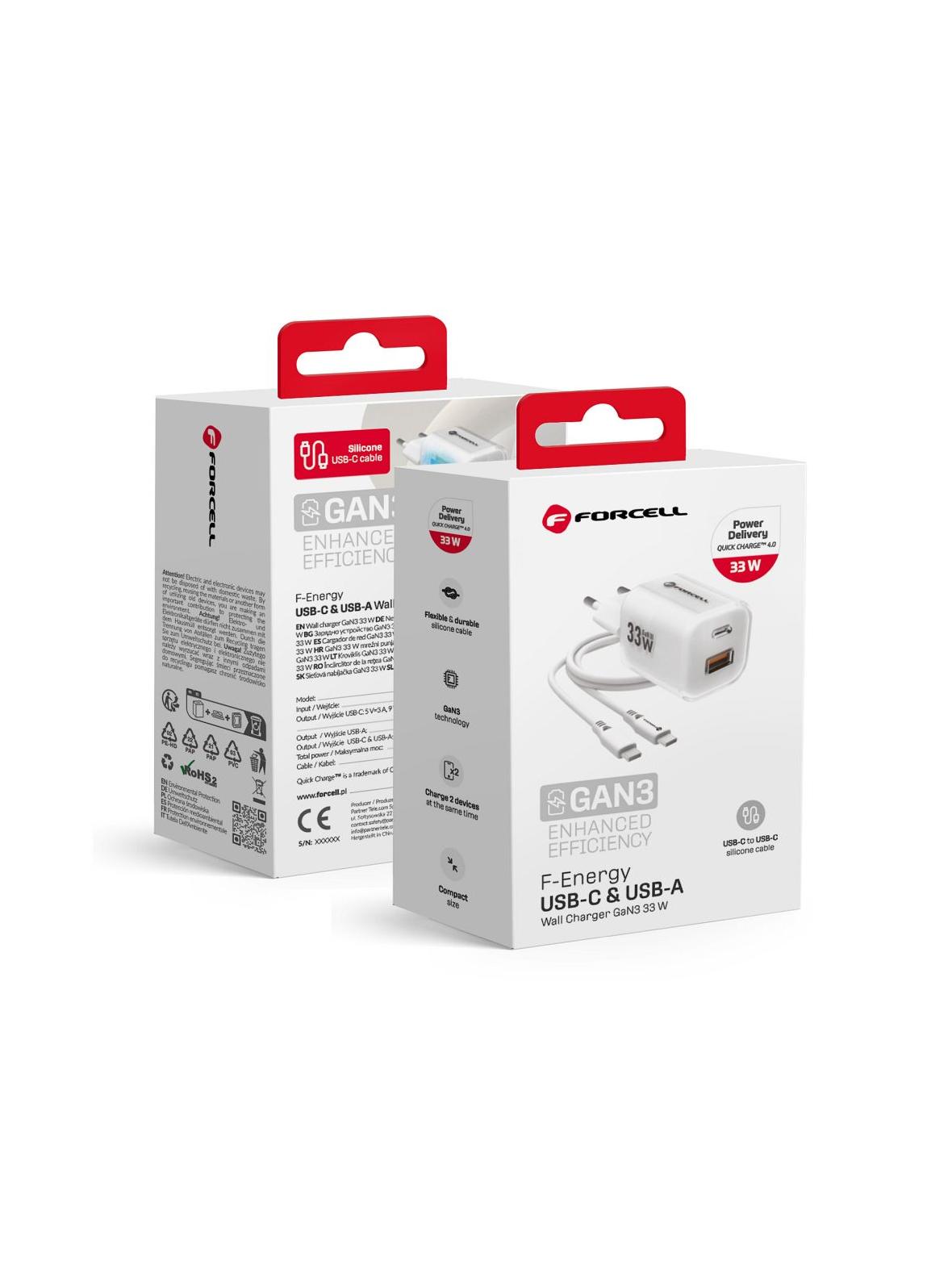 Ładowarka sieciowa do telefonu Forcell F-Energy GaN III Crystal Color USB C + USB A QC4.0 PD 33W + kabel USB C do USB C VT-41 biała 0INT