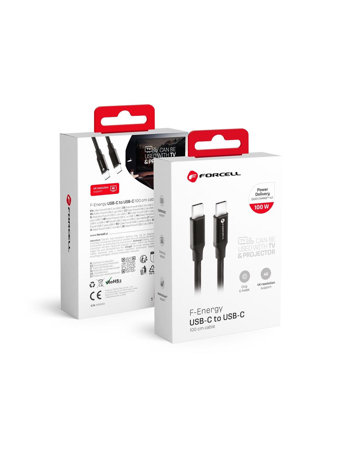 Kabel USB C do USB C Forcell F-Energy QC4.0 PD 5A 100W E-mark / 4K / Thunderbolt / 20Gbit/s 1 m C391 czarny