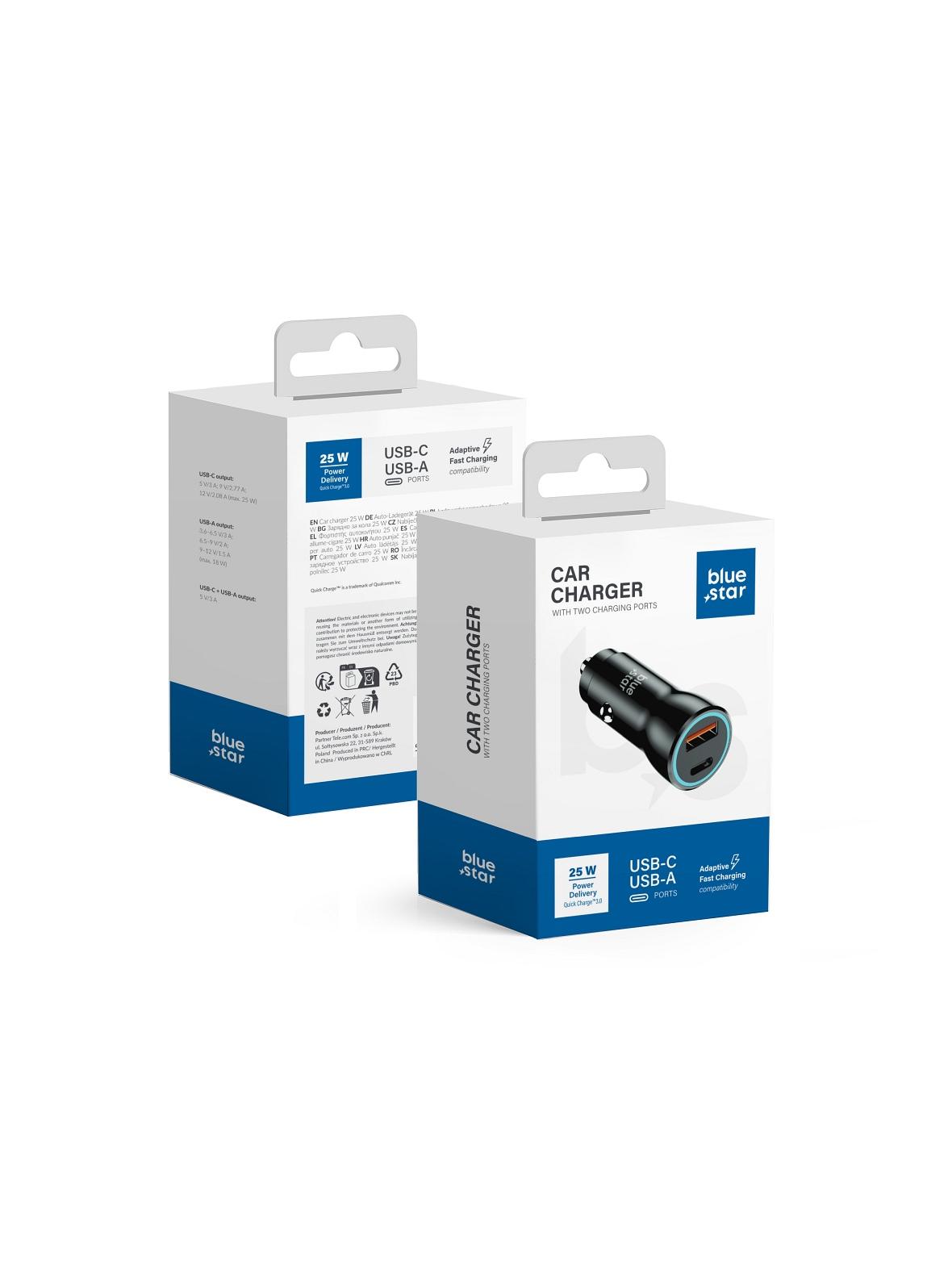 Ładowarka samochodowa Blue Star USB C + USB A QC3.0 PD AFC PPS 3A 25W czarna