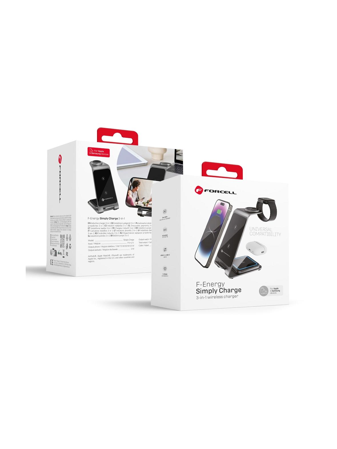 Ładowarka indukcyjna Forcell F-Energy 3w1 Simply Charge aluminiowa kompatybilna z Apple Watch i Samsung Watch szara