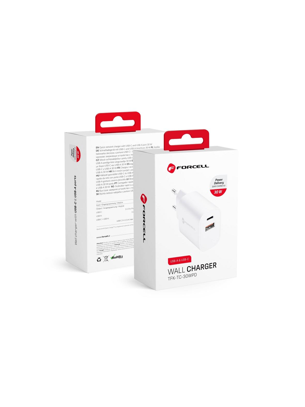 Ładowarka sieciowa do telefonu Forcell F-Energy USB C + USB A QC4.0 PD 3A 30W TFK-TC-30WPD biała