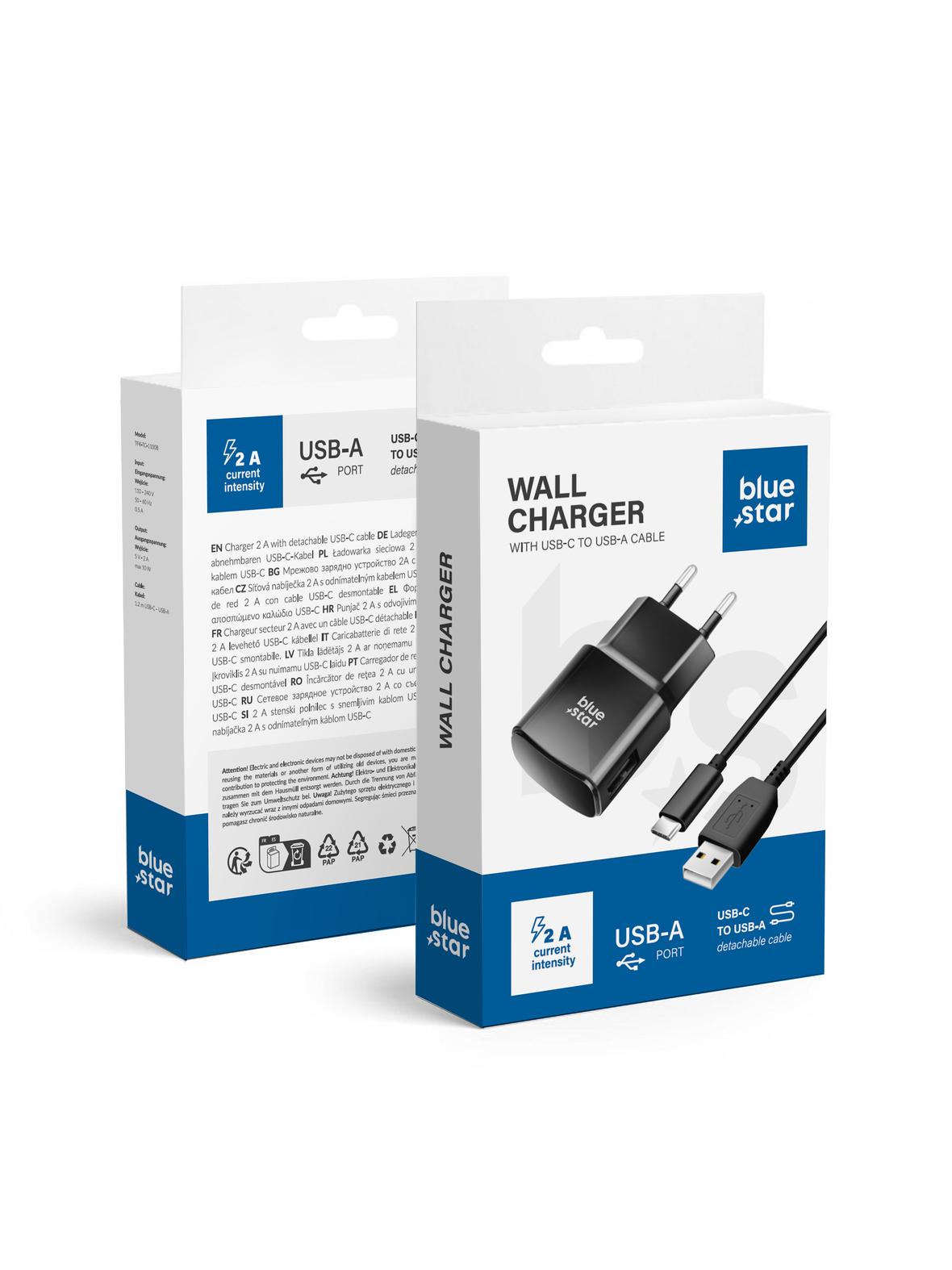 Ładowarka sieciowa do telefonu Blue Star USB A 2A 10W + kabel USB A do USB C TFK-TC-1100B czarna