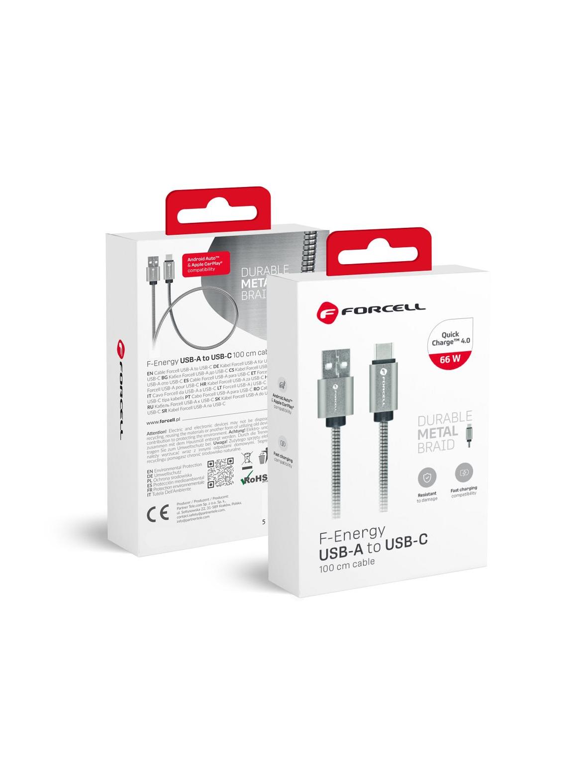 Kabel USB A do USB C Forcell F-Energy QC3.0 66W Metal 1 m C234 srebrny