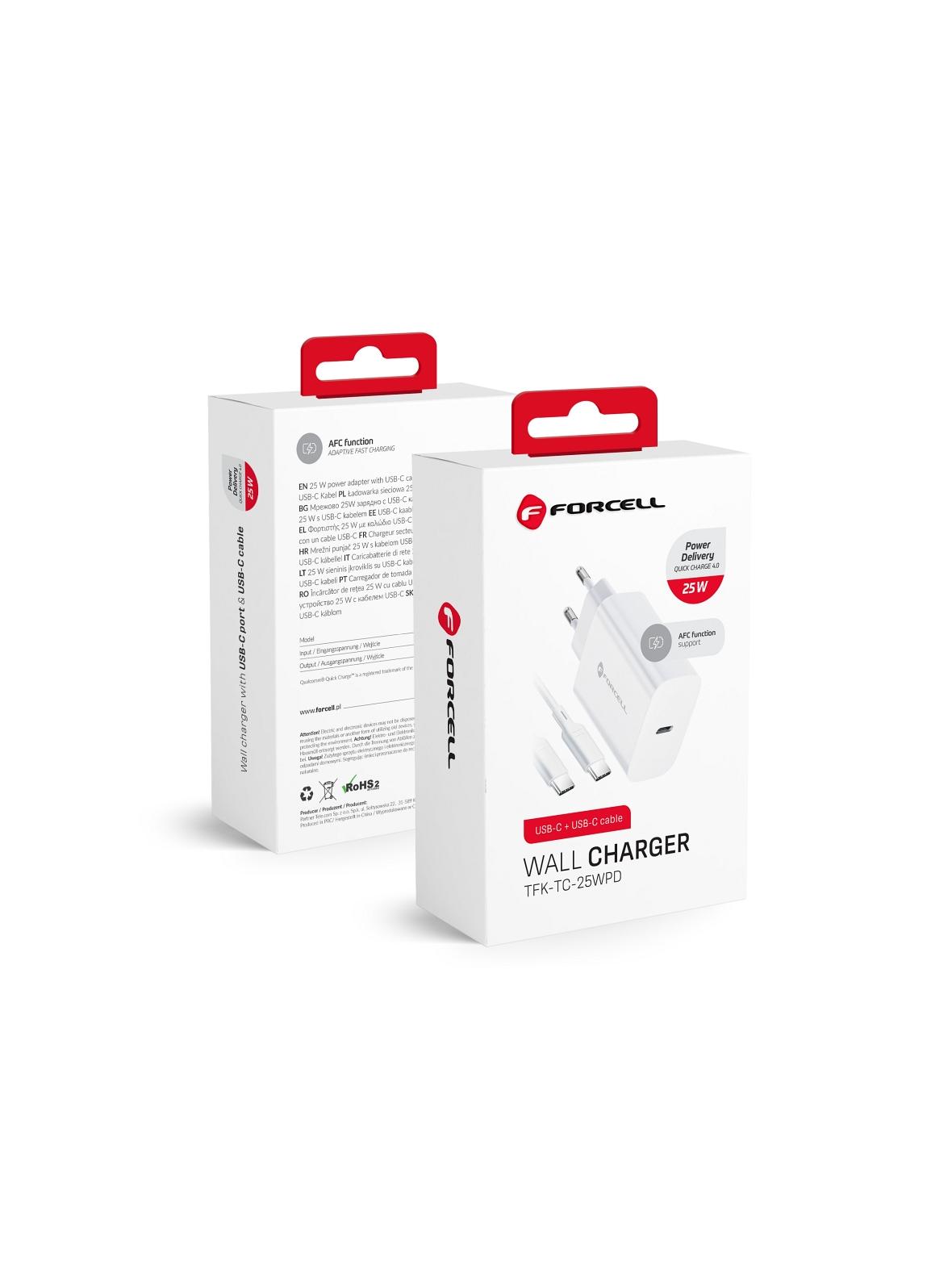 Ładowarka sieciowa do telefonu Forcell F-Energy USB C QC4.0 PD 3A 25W + kabel USB C do USB C TFK-TC-25WPD biała