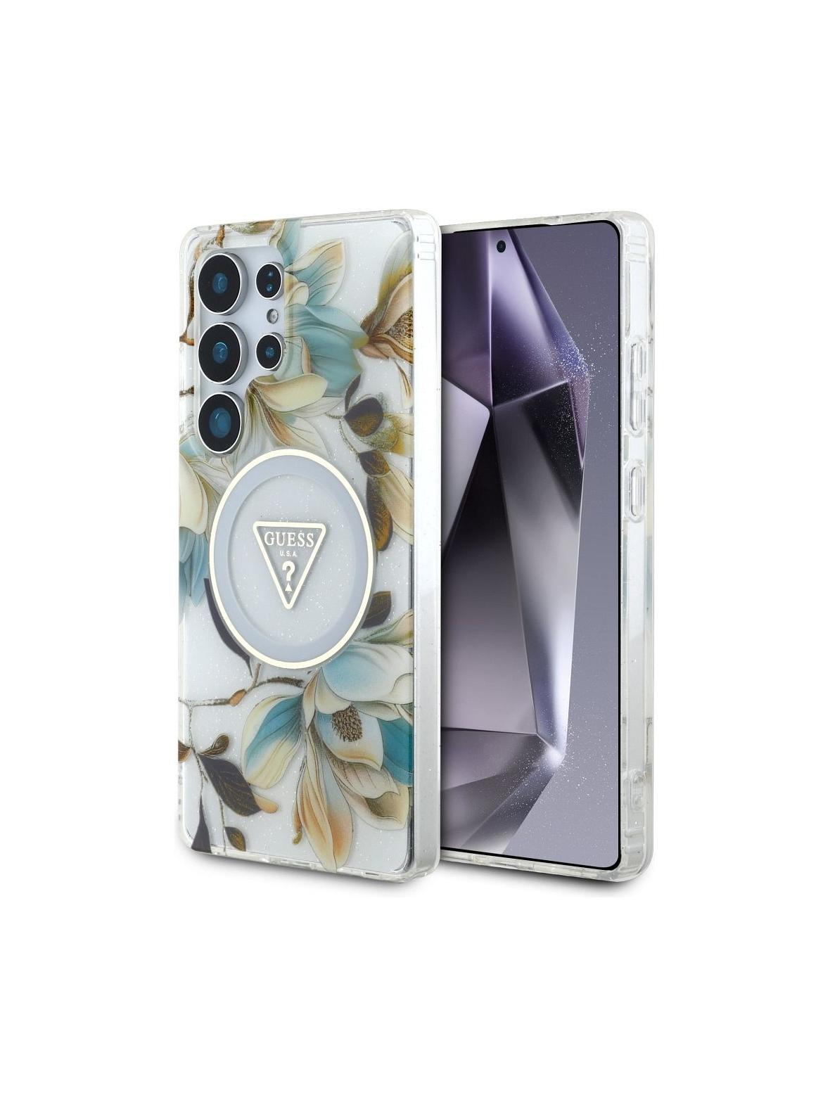 GUESS futerał do SAMSUNG S25 Ultra GUHMS25LHFLPEDH (Magnetic IML Metal Glitter Flowers Triangle) biały