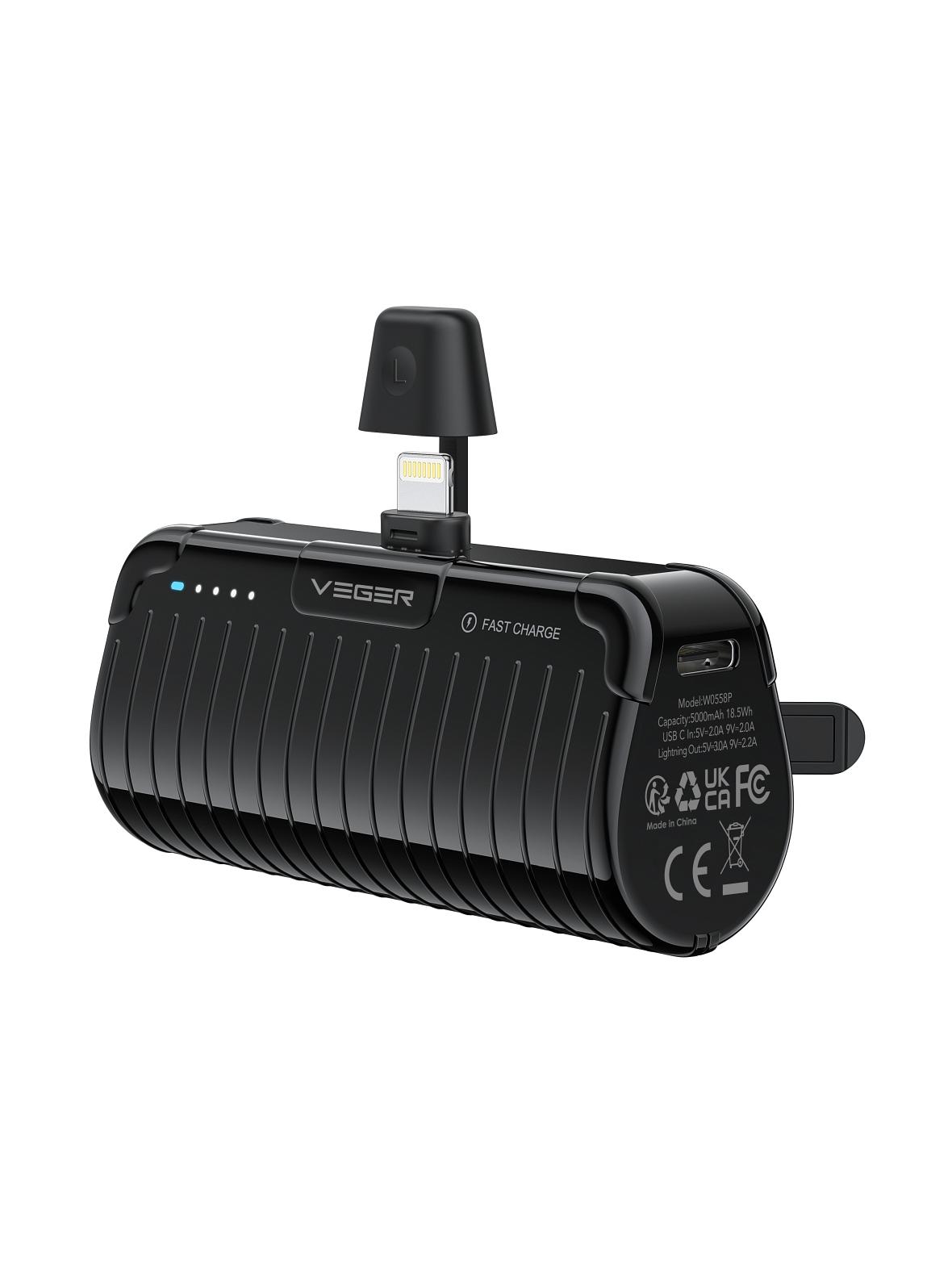 Powerbank Veger PlugOn (W0558P) PD QC3.0 2,4A 20W 5000 mAh z wbudowanym złączem Lightning czarny