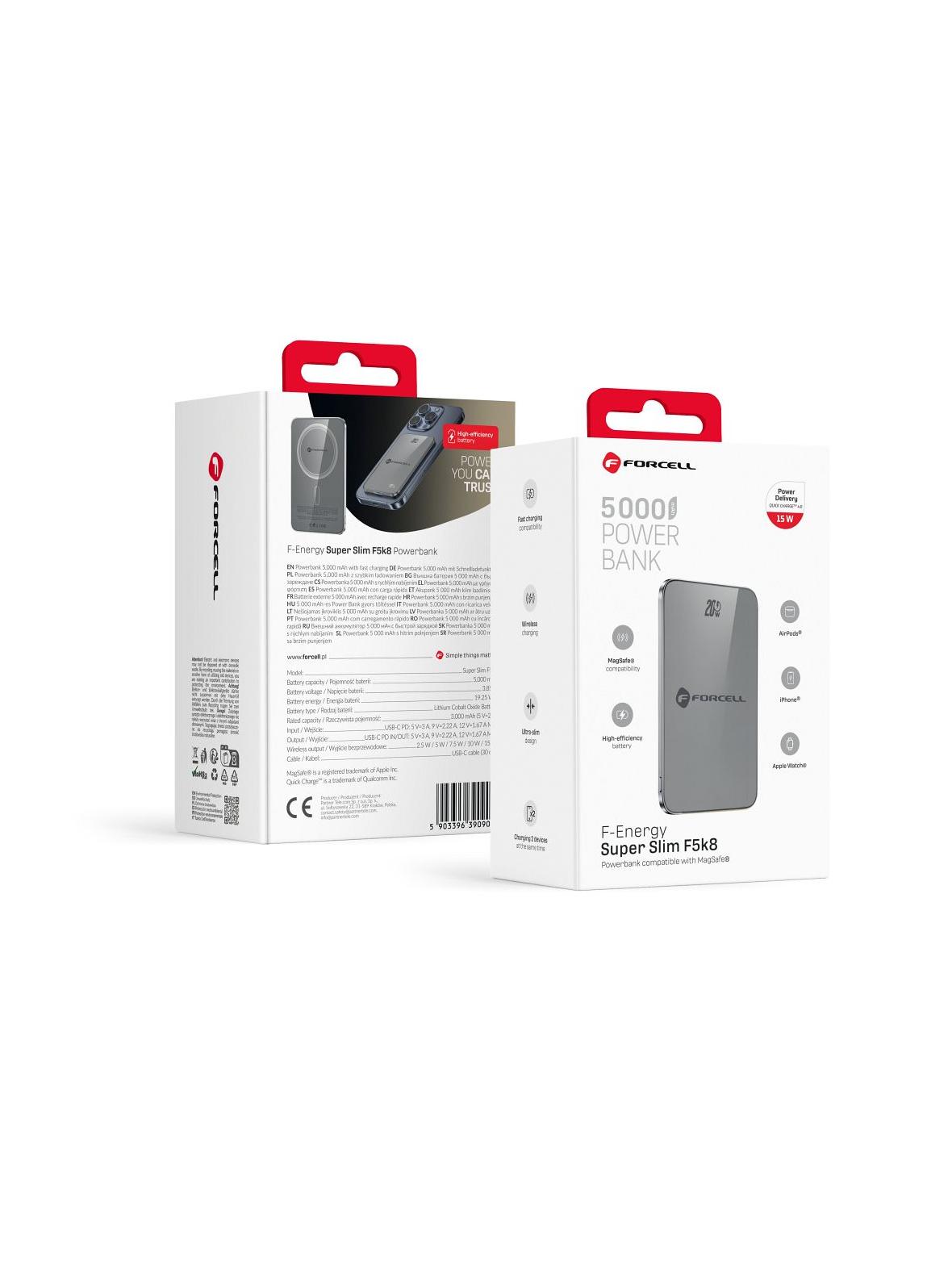 Powerbank zgodny z MagSafe Forcell F-Energy SuperSlim F5K8 QC4.0 PD3.0 15W 5000 mAh szary 0INT