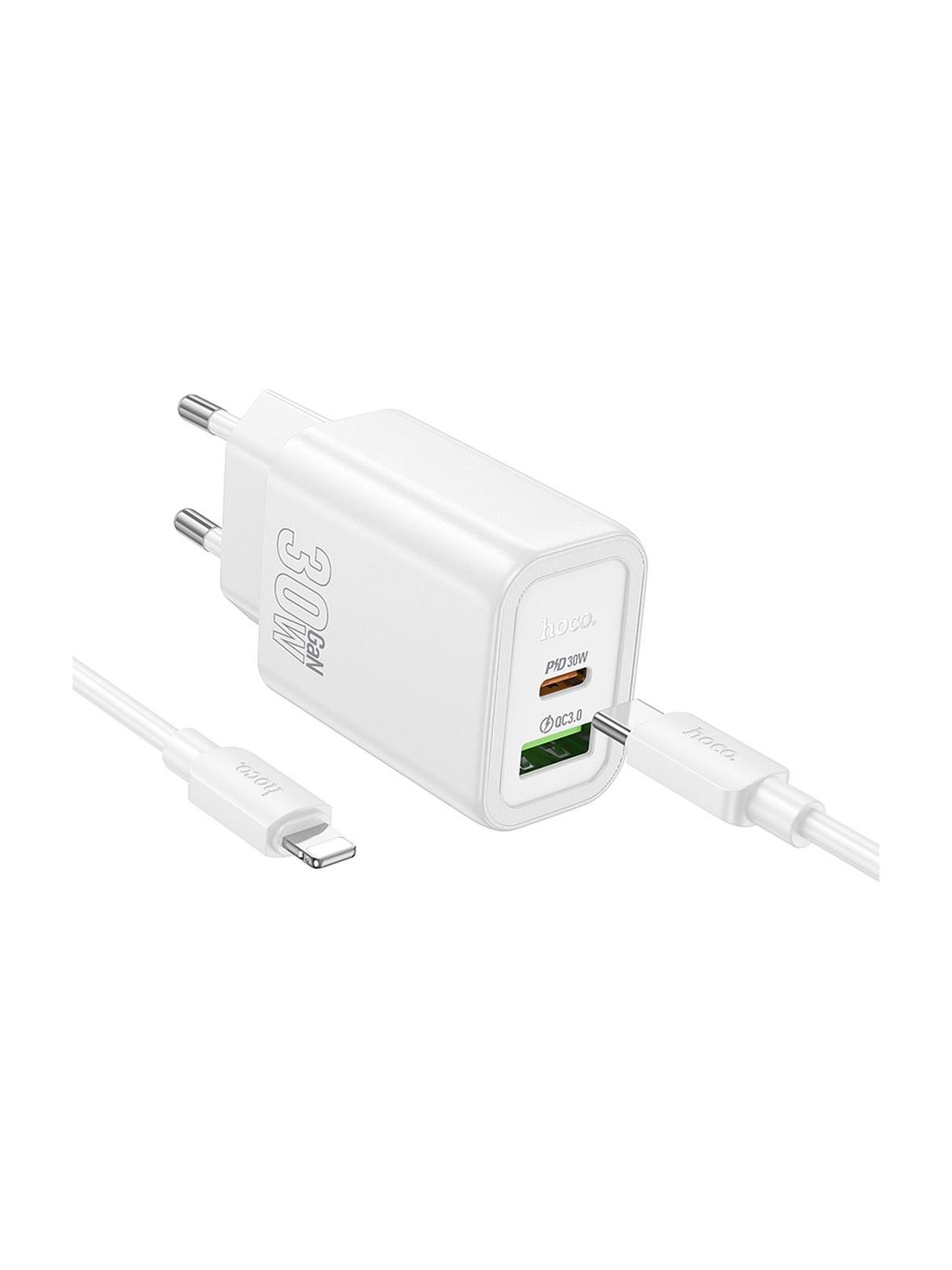 Ładowarka sieciowa do telefonu Hoco USB A + USB C QC3.0 PD 3A 30W + kabel USB C do Lightning N63 biała
