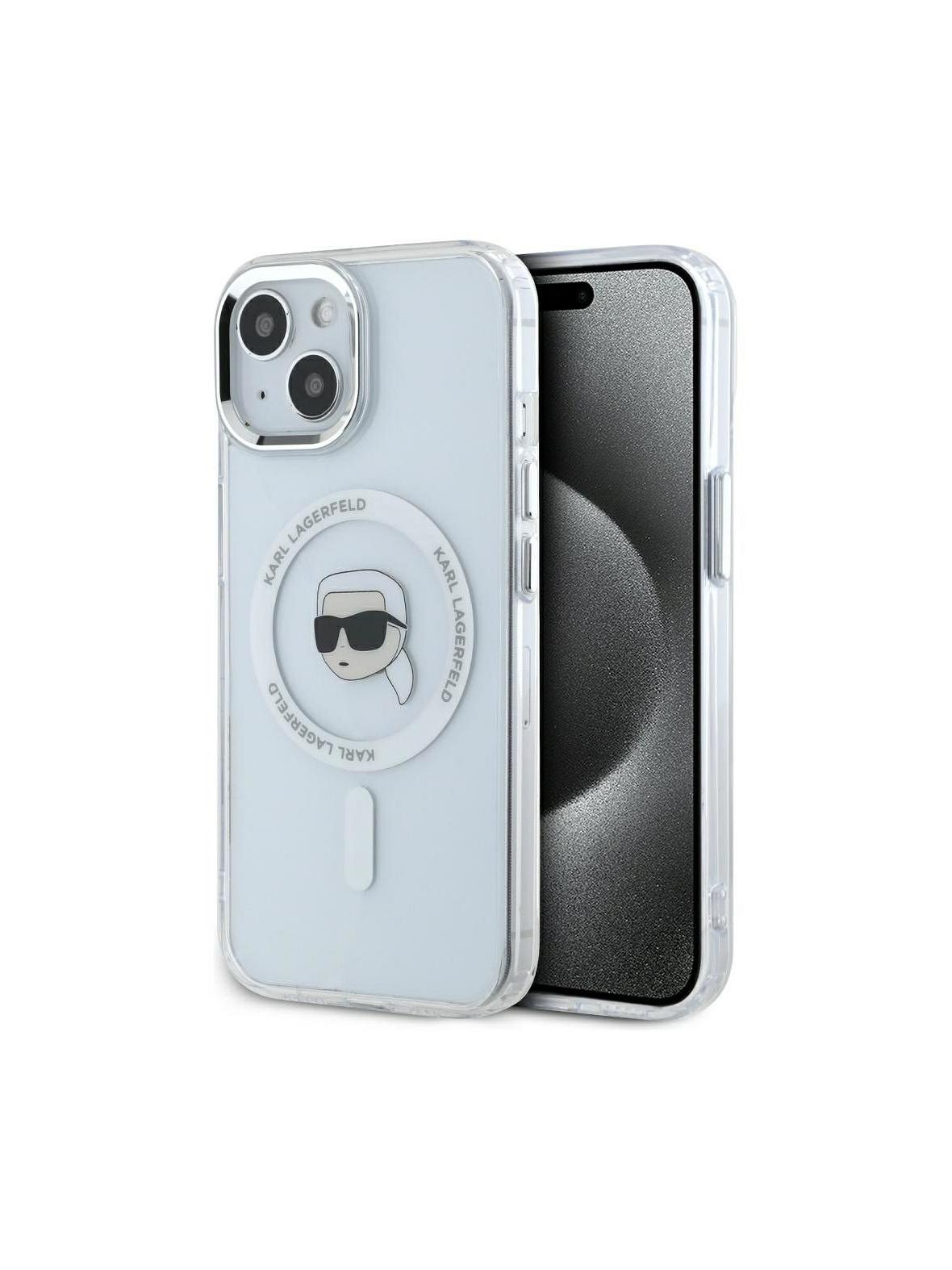KARL LAGERFELD futerał do IPHONE 15 Plus kompatybilny z MagSafe KLHMP15MHLSKIH (IML Metal K Head) biały