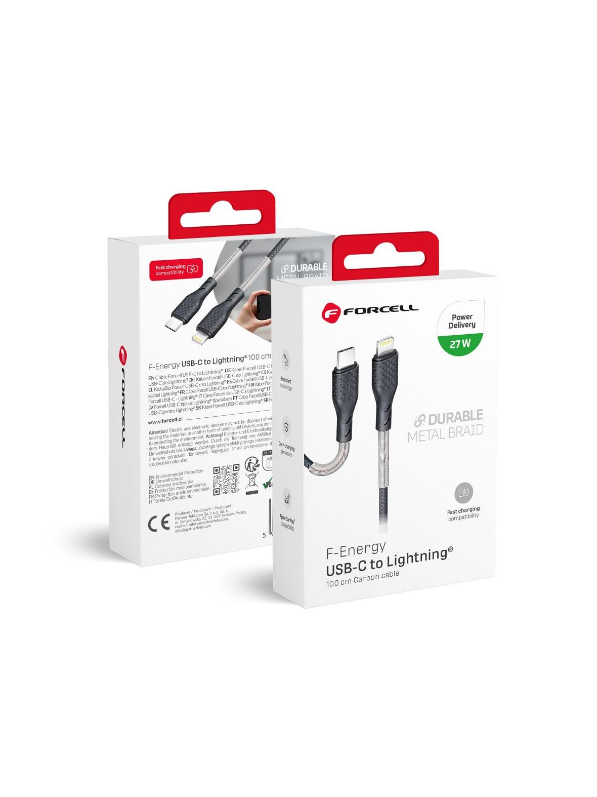 Kabel USB C do Lightning Forcell F-Energy PD 3A 27W Carbon 1 m CB-01C czarny