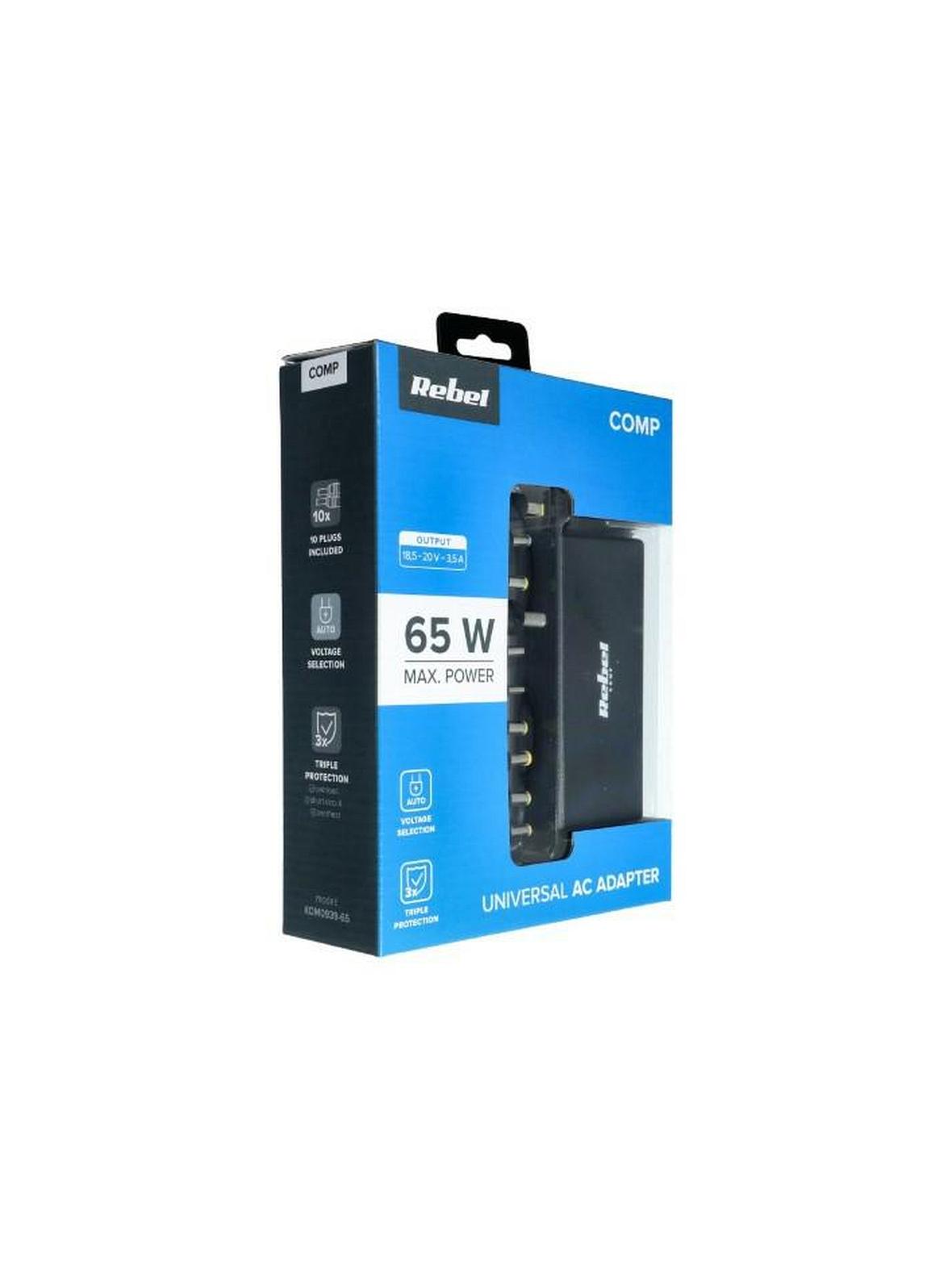 REBEL uniwersalny zasilacz sieciowy 65W 18-20V automatyczny 10 końcówek czarny