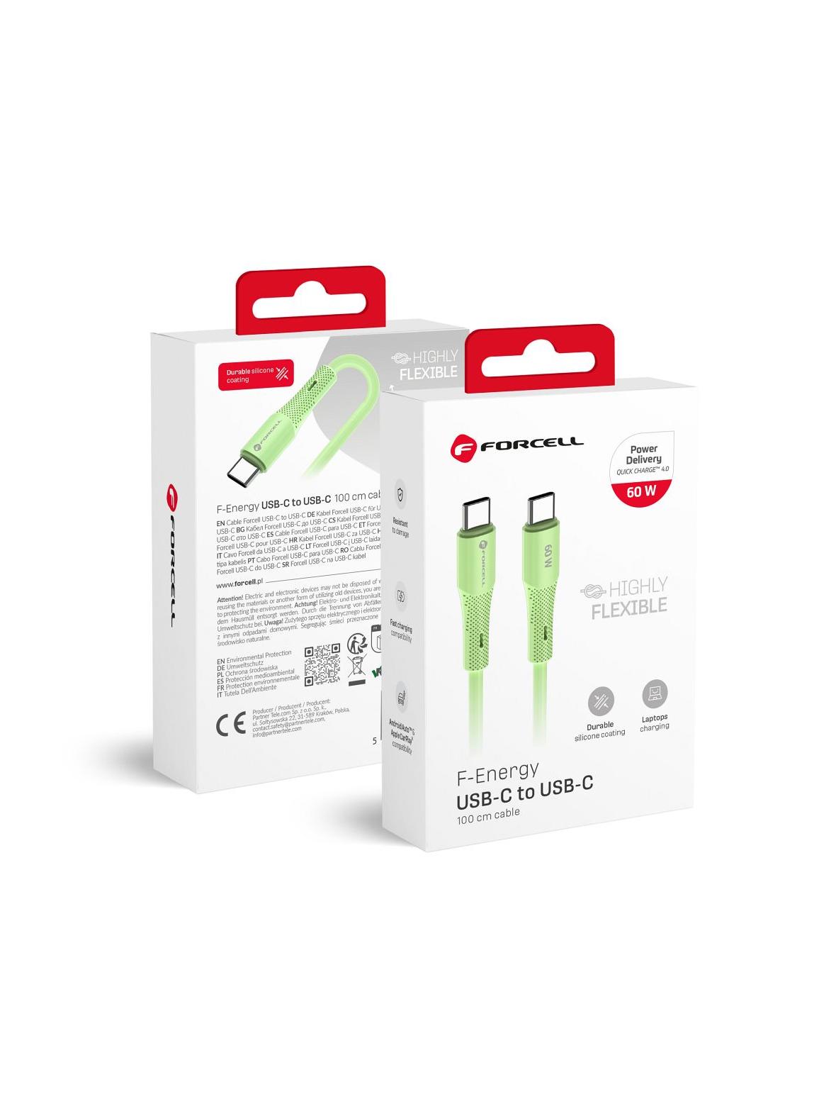 Kabel USB C do USB C Forcell F-Energy QC4.0 PD 3A 60W Silicone 1 m C344 zielony