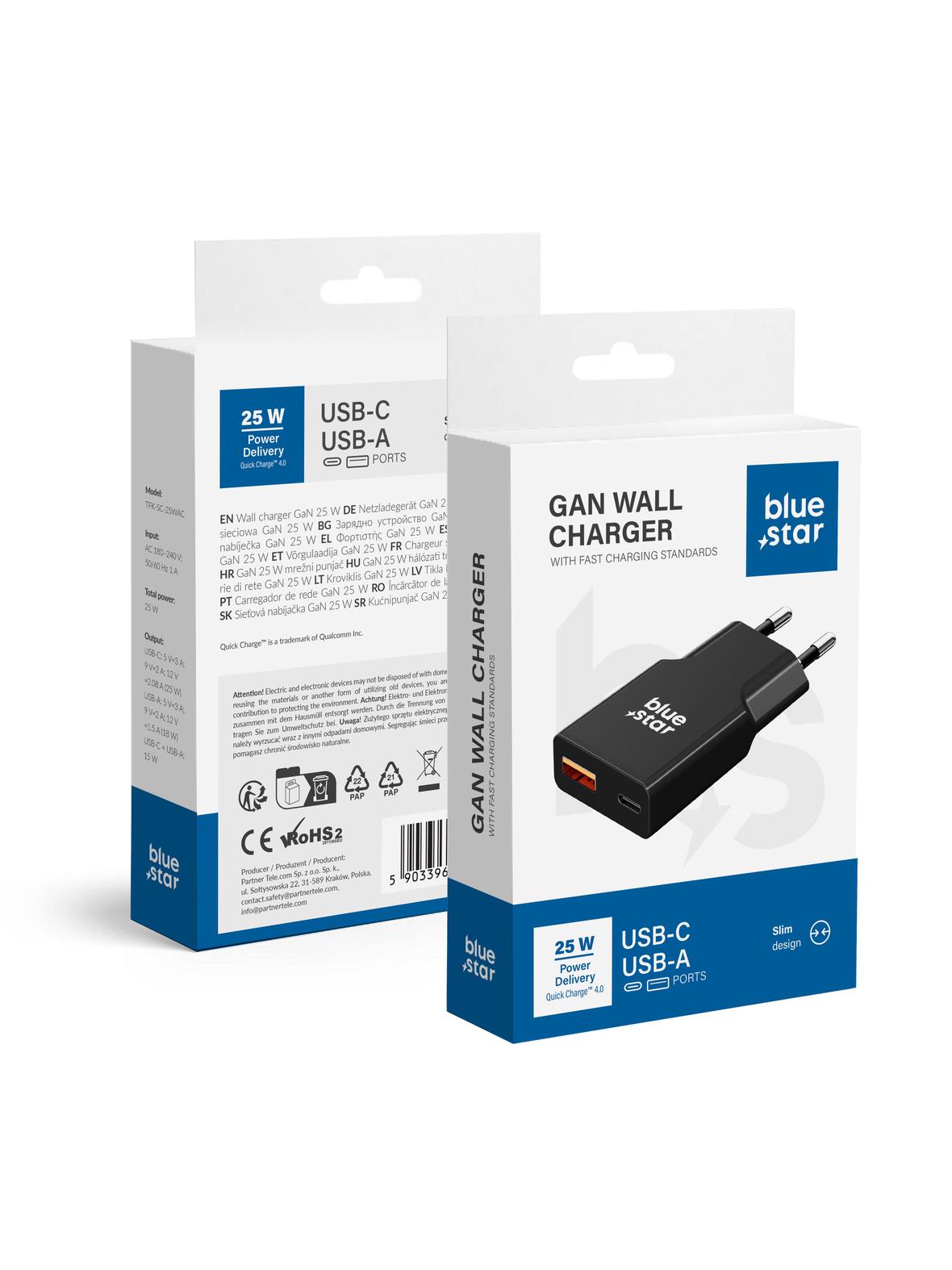 Ładowarka sieciowa do telefonu Blue Star Slim GaN USB C + USB A QC4.0 PD 3A 25W TFK-SC-25WAC czarna
