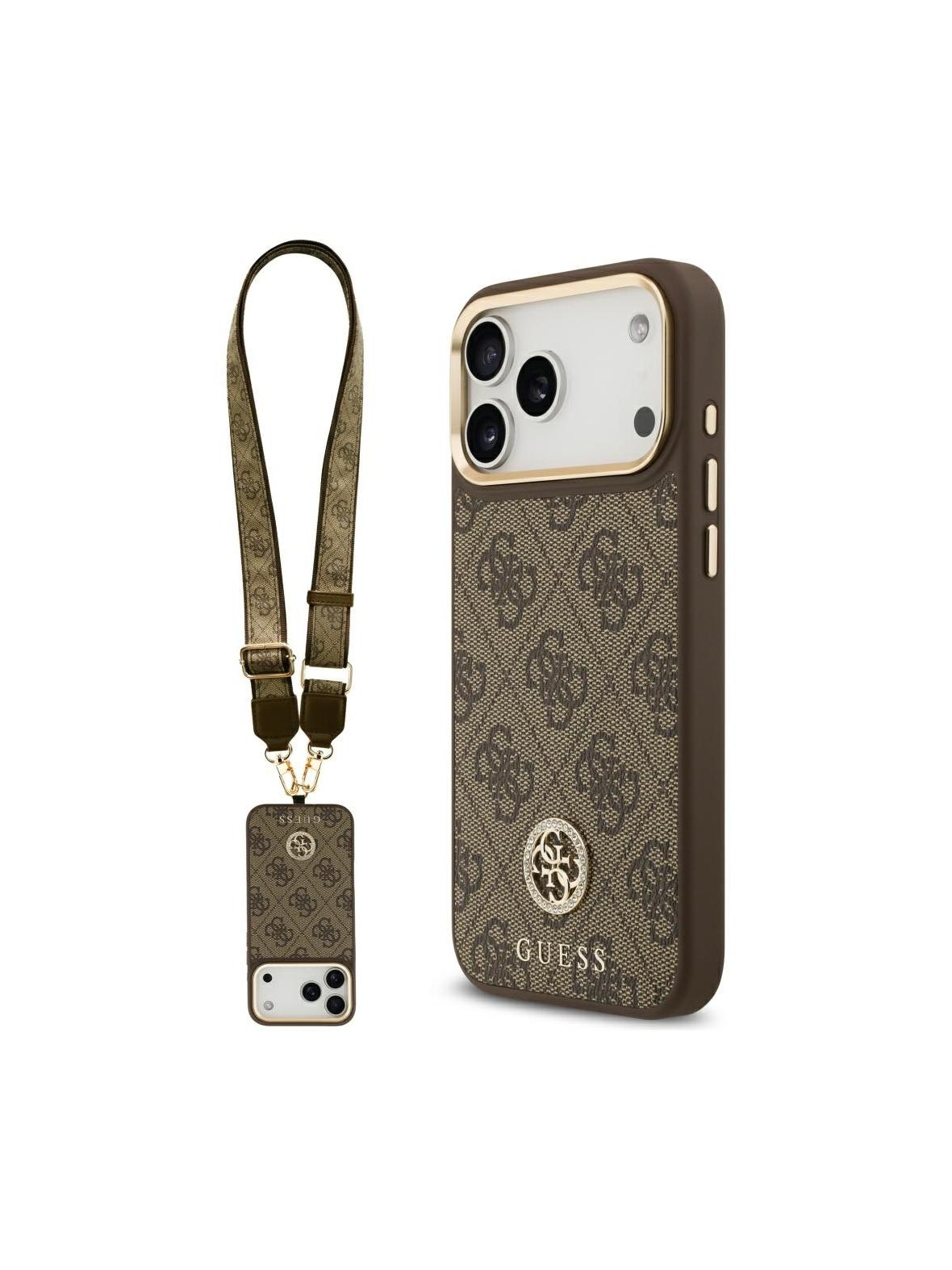 GUESS futerał do IPHONE 17 Pro Max kompatybilny z MagSafe GUHMP17XP4G4DCSW (PU W/ Strass Logo & Big Strap Metal Buttons) brązowy