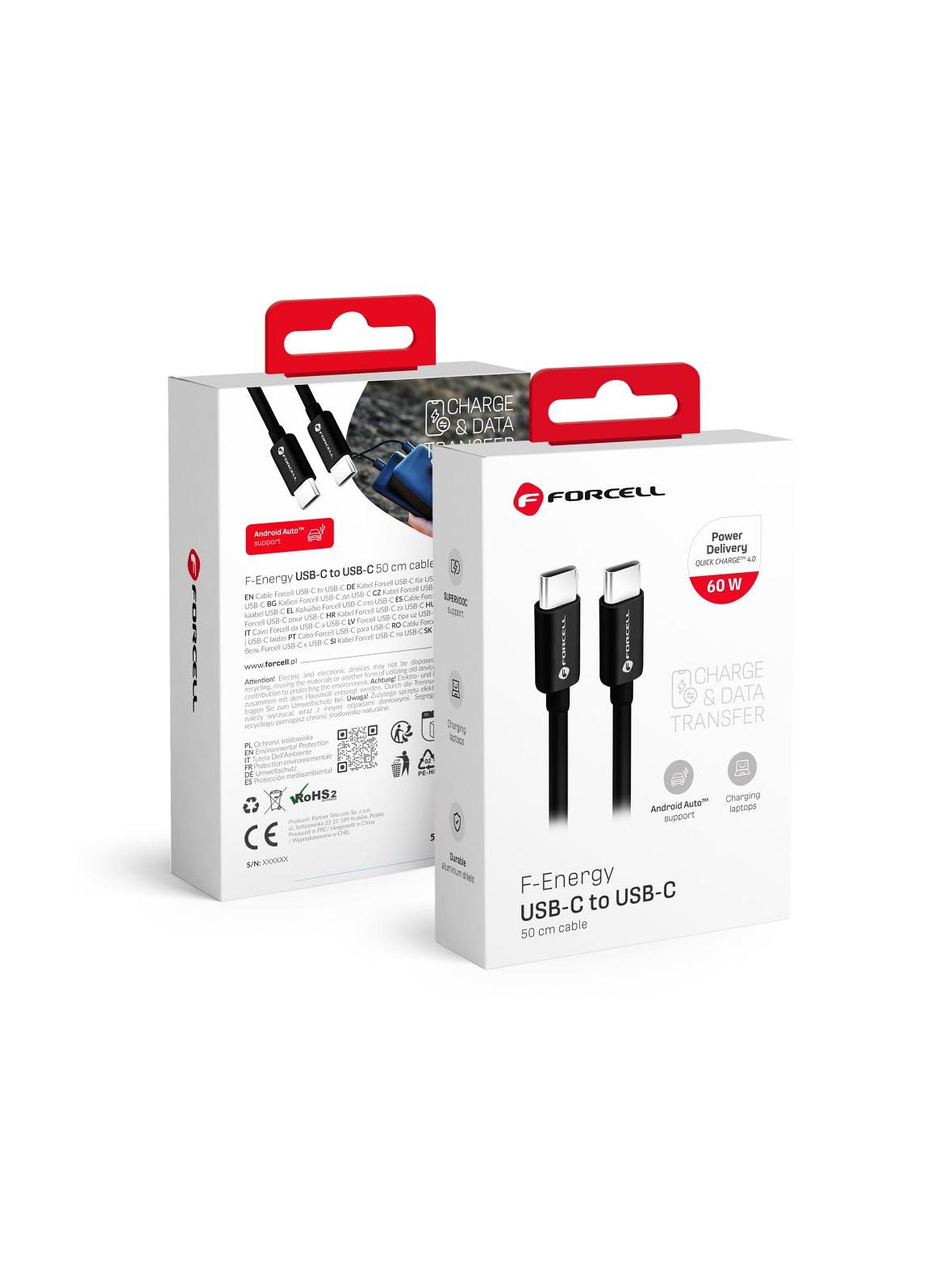 Kabel USB C do USB C Forcell F-Energy QC4.0 PD 3A 60W 0,5 m C338 czarny