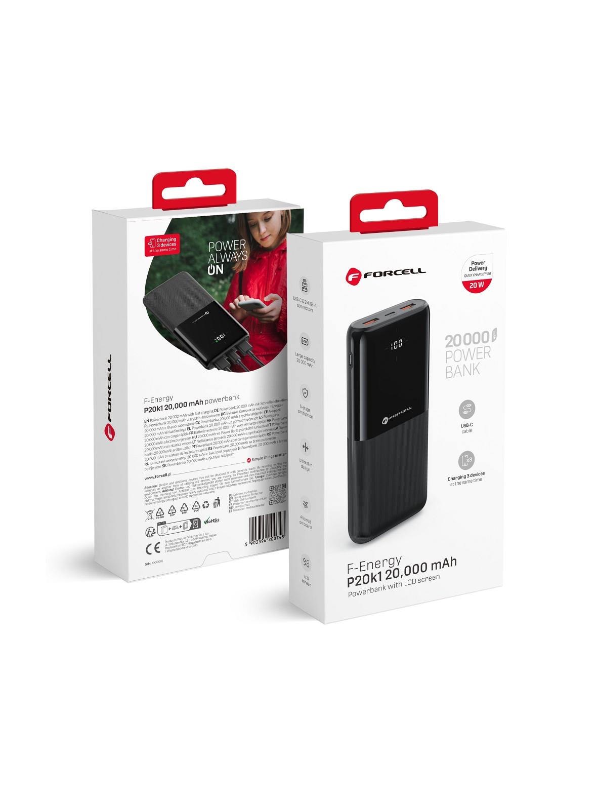 Powerbank Forcell F-Energy P20k1 PD QC3.0 3A 20W 20000 mAh czarny
