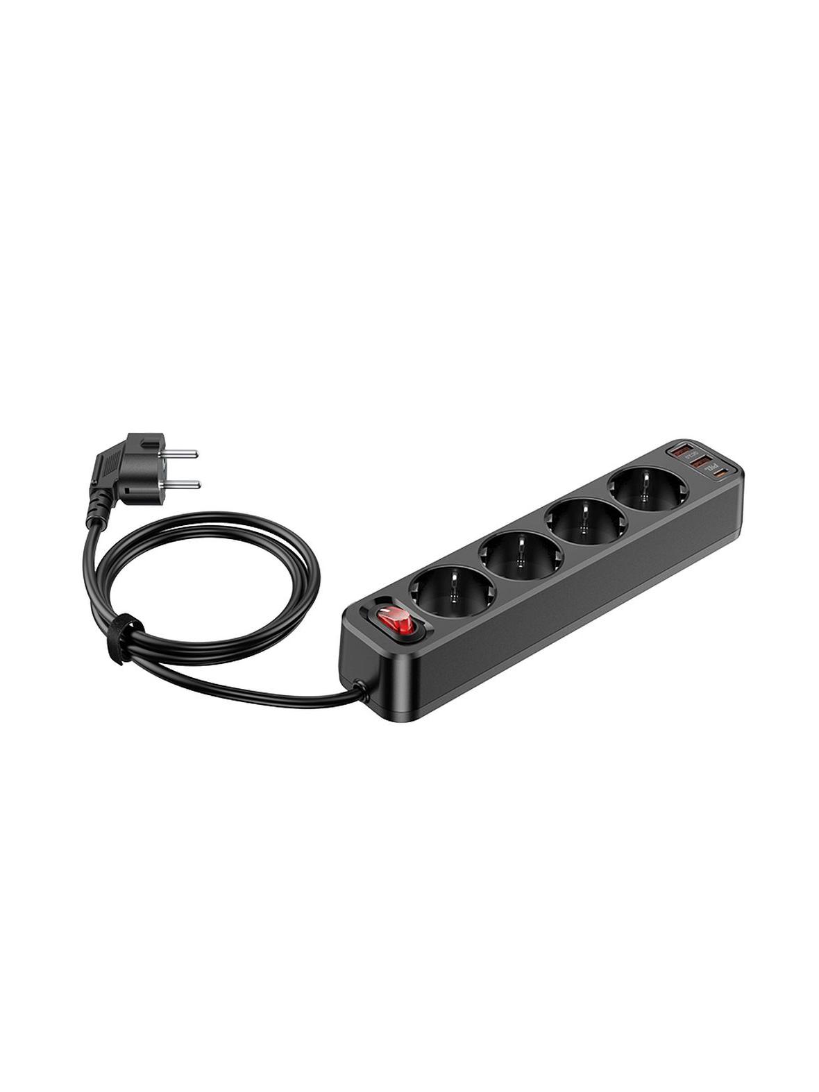 Przedłużacz 1,8 m Hoco 4 gniazda + 2 x USB A + USB C QC3.0 PD 3A 20W NS1 czarny