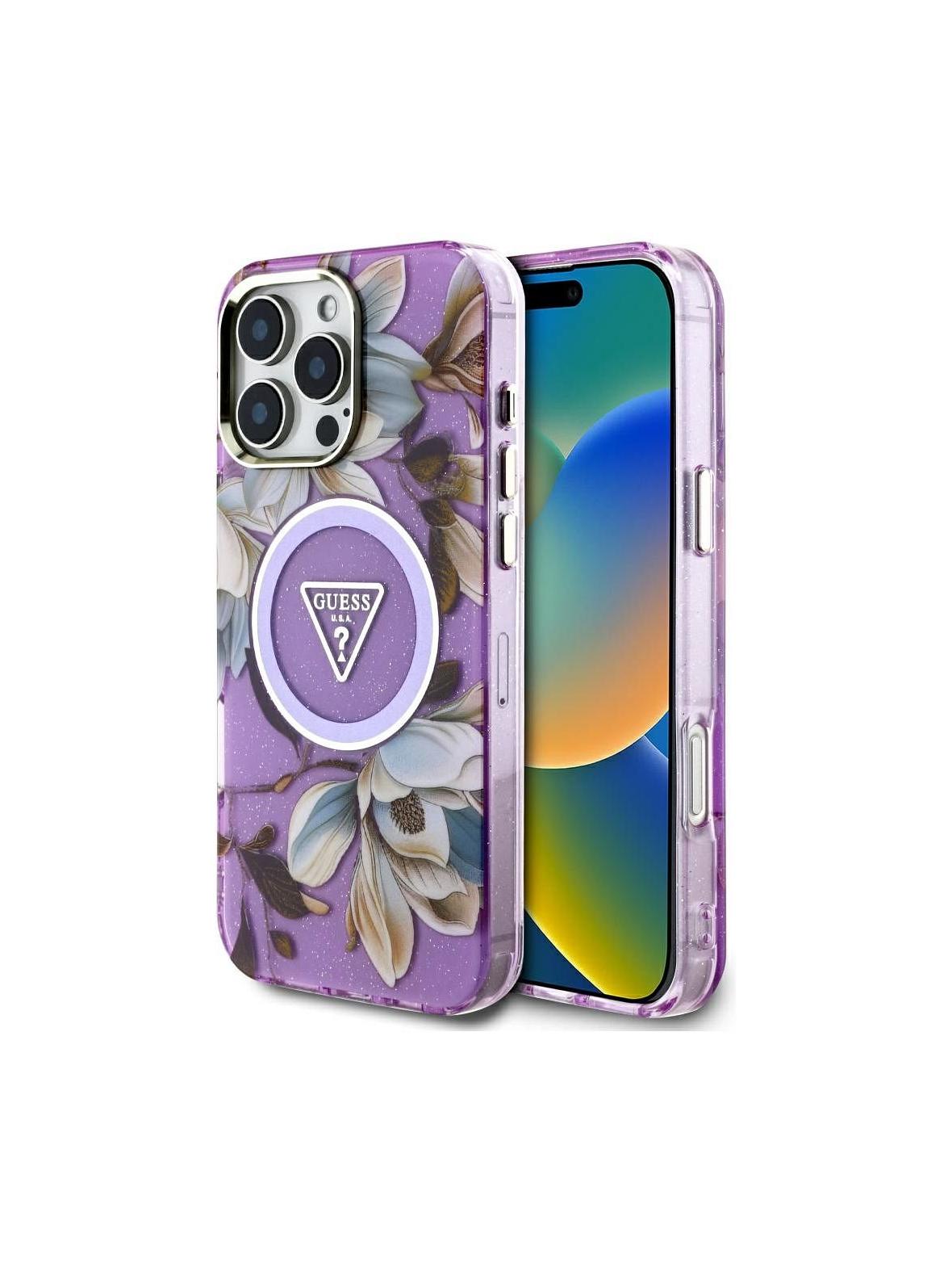 GUESS futerał do IPHONE 16 Pro kompatybyliny z MagSafe GUHMP16LHFLPEDU (IML Metal Glitter Flowers Triangle) fioletowy
