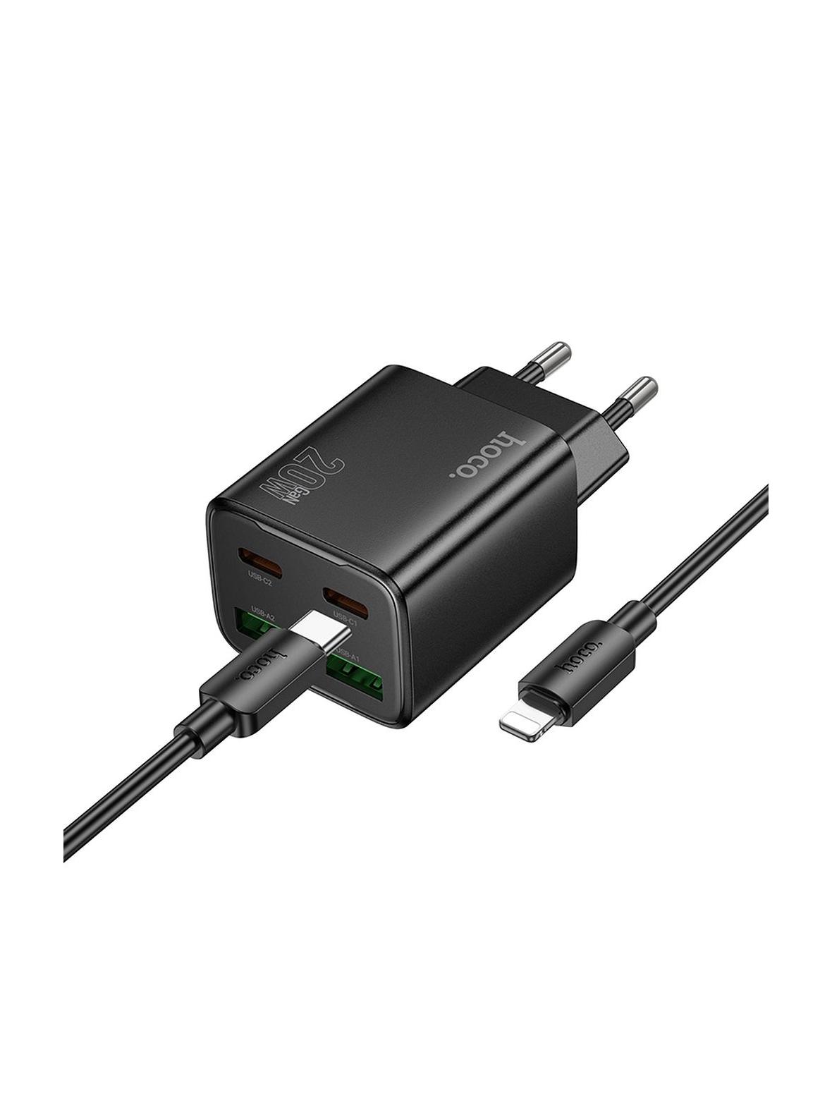 Ładowarka sieciowa do telefonu Hoco 2 x USB C + 2 x USB A QC3.0 PD 3A 20W + kabel USB C do Lightning N55 czarna