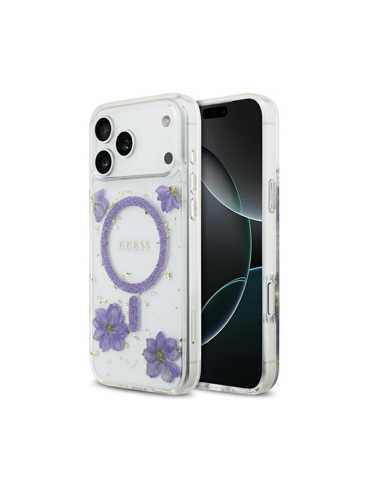 GUESS futerał do IPHONE 17 Pro Max kompatybilny z MagSafe GUHMP17XRBFGFGMU (Resin Flowers and Glitter) fioletowy