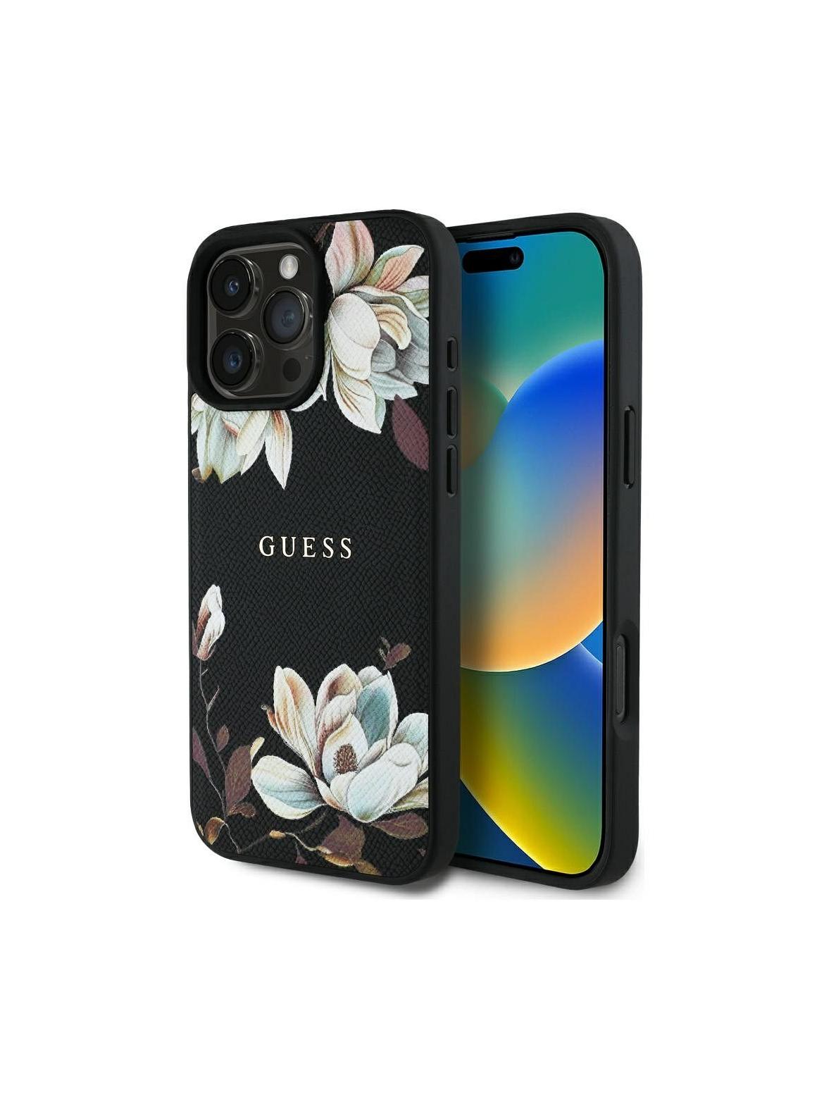 GUESS futerał do IPHONE 16 Pro Max kompatybilny z MagSafe GUHMP16XPGNMPLMK (PU Grained Flowers Classic Logo) czarny