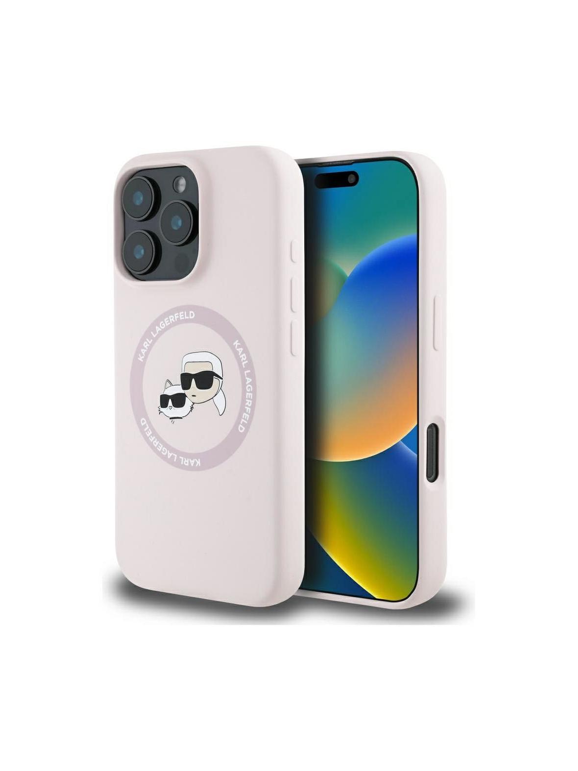 KARL LAGERFELD futerał do IPHONE 16 Pro kompatybilny z MagSafe KLHMP16LSKCHTCP (Silicone KC Heads) różowy