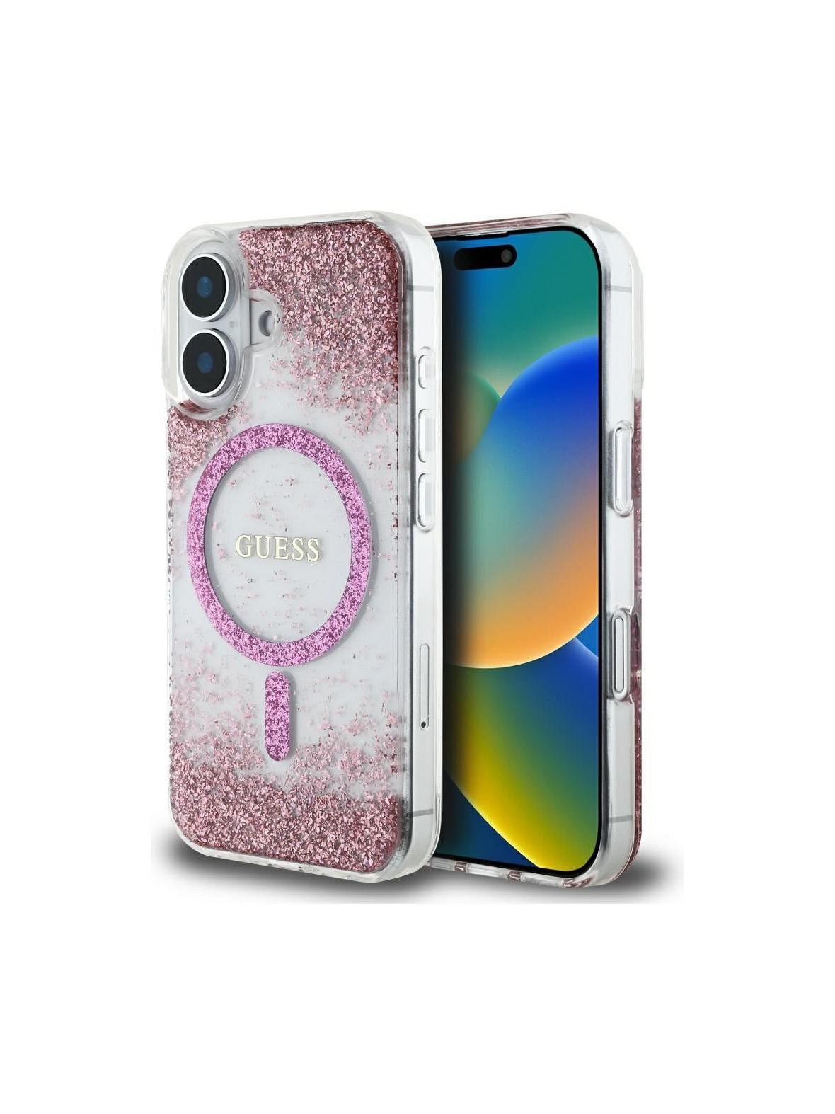 GUESS futerał do IPHONE 16 kompatybilny z MagSafe GUHMP16SRGRGEP (Resin Bottom Glitter) różowy