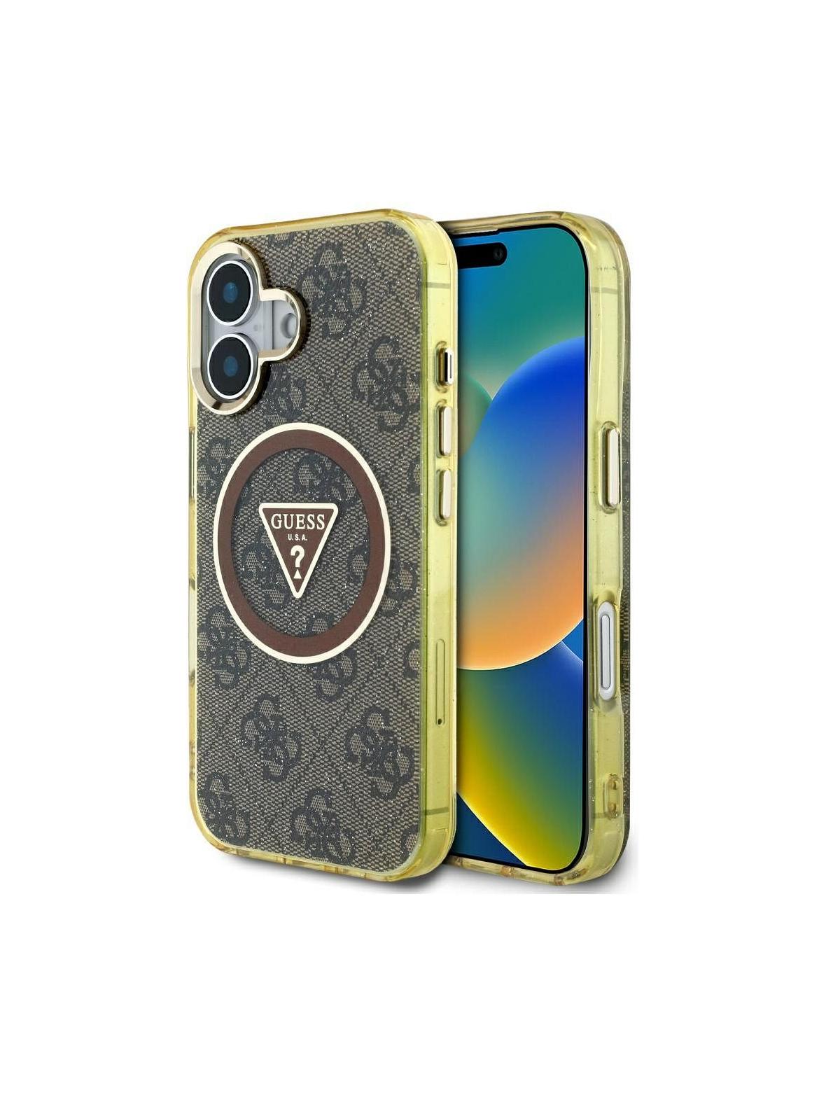 GUESS futerał do IPHONE 16 kompatybilny z MagSafe GUHMP16SHG4PRTGW (IML Metal Glitter 4G Circle Triangle) brązowy