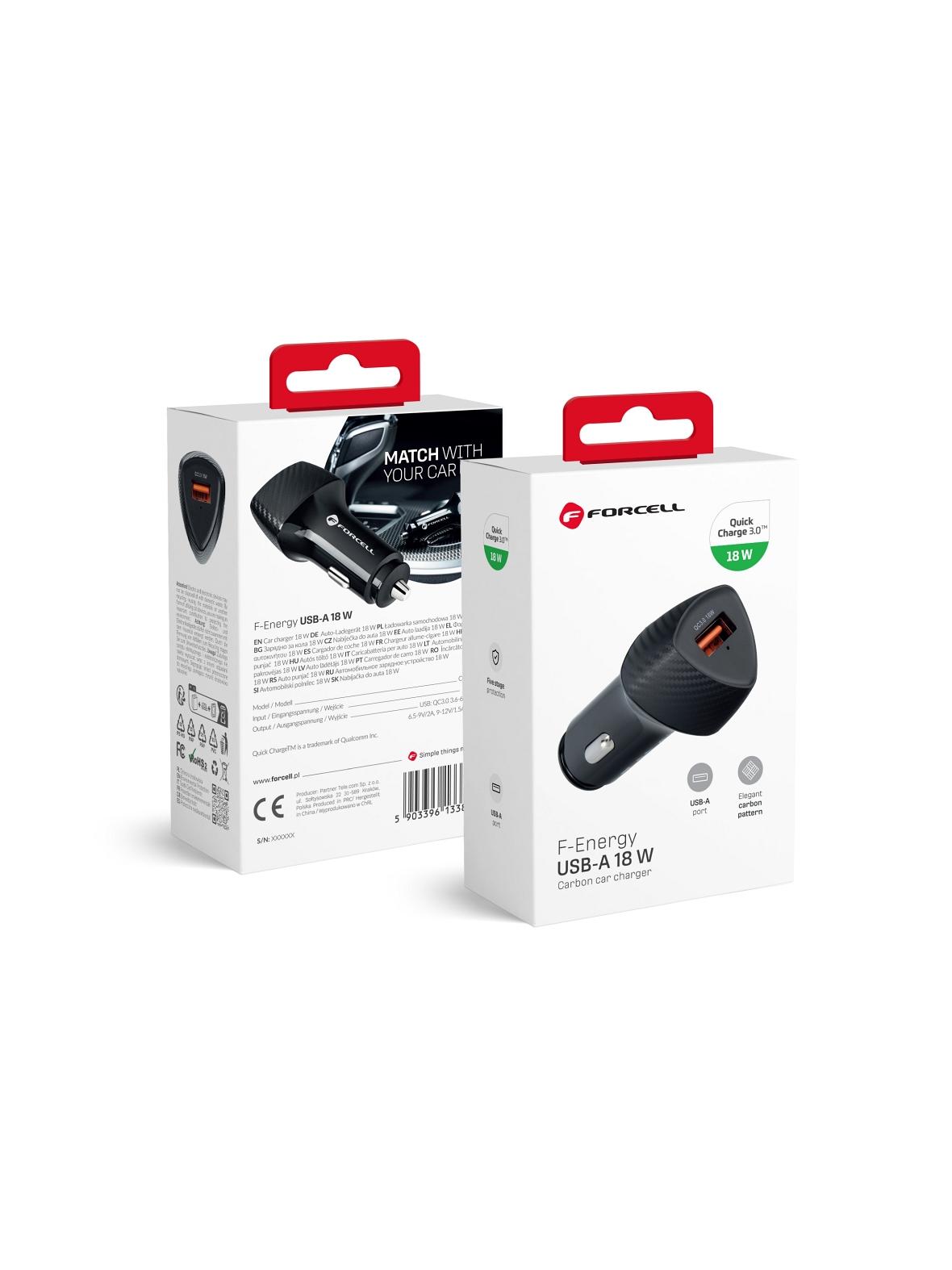 Ładowarka samochodowa Forcell F-Energy Carbon USB A QC3.0 3A 18W CC50-1A czarna