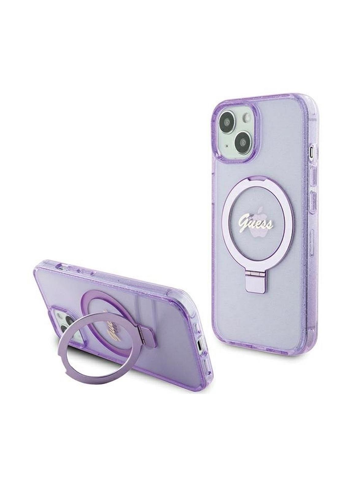 GUESS futerał do IPHONE 15 kompatybilny z MagSafe GUHMP15SHRSGSU (Glitter Script Logo Ring stand) fioletowy
