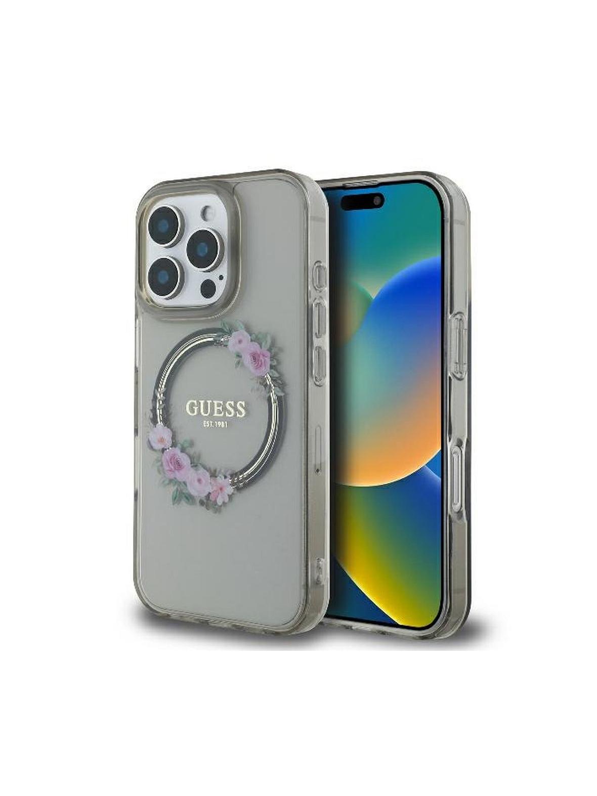 GUESS futerał do IPHONE 16 Pro kompatybilny z MagSafe GUHMP16LHFWFCK (IML Flowers Wreath) czarny