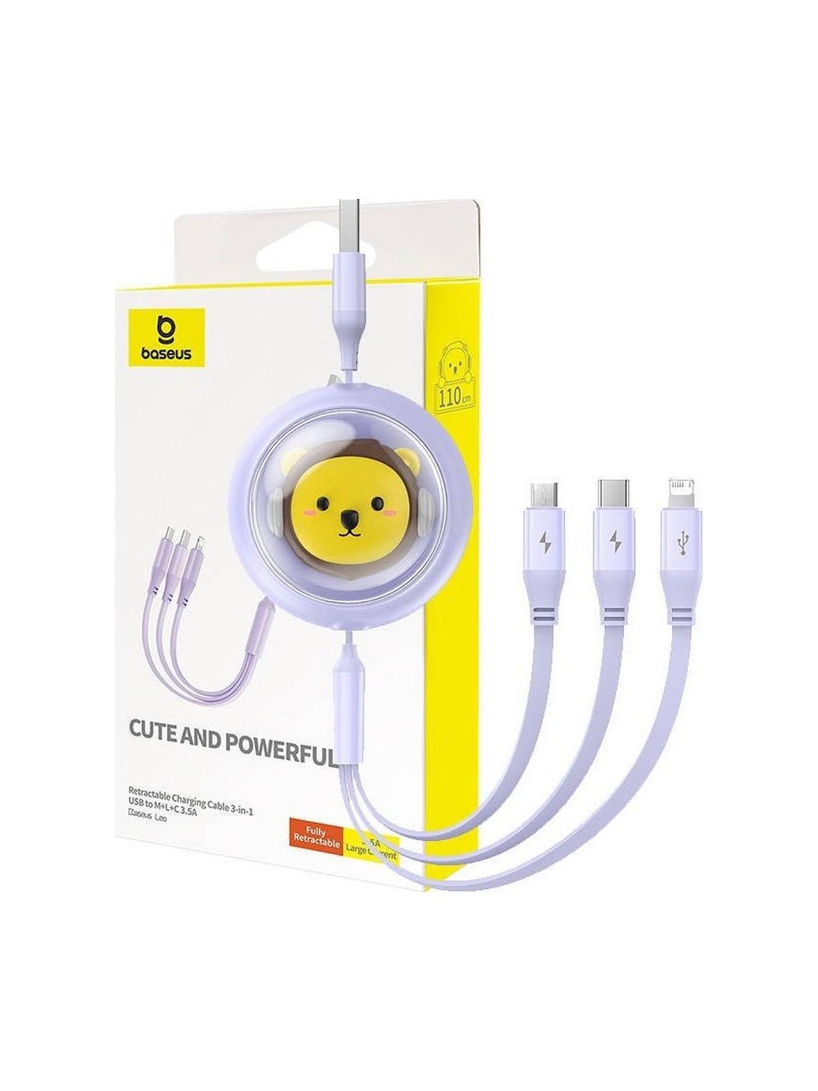 Kabel 3w1 USB A do Micro USB / Lightning / Typ C Baseus 3.5A 1,1 m zwijany CB000063 fioletowy