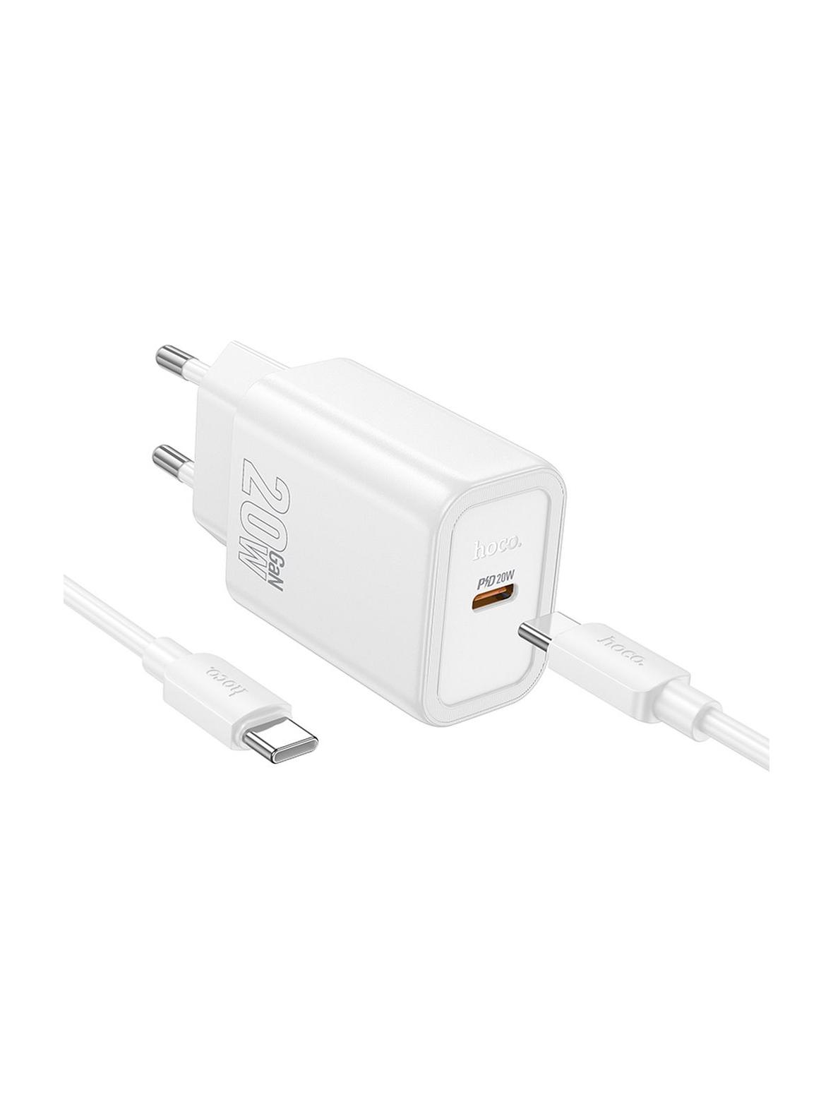 Ładowarka sieciowa do telefonu Hoco USB C QC PD 20W + kabel USB C do USB C N60 biała