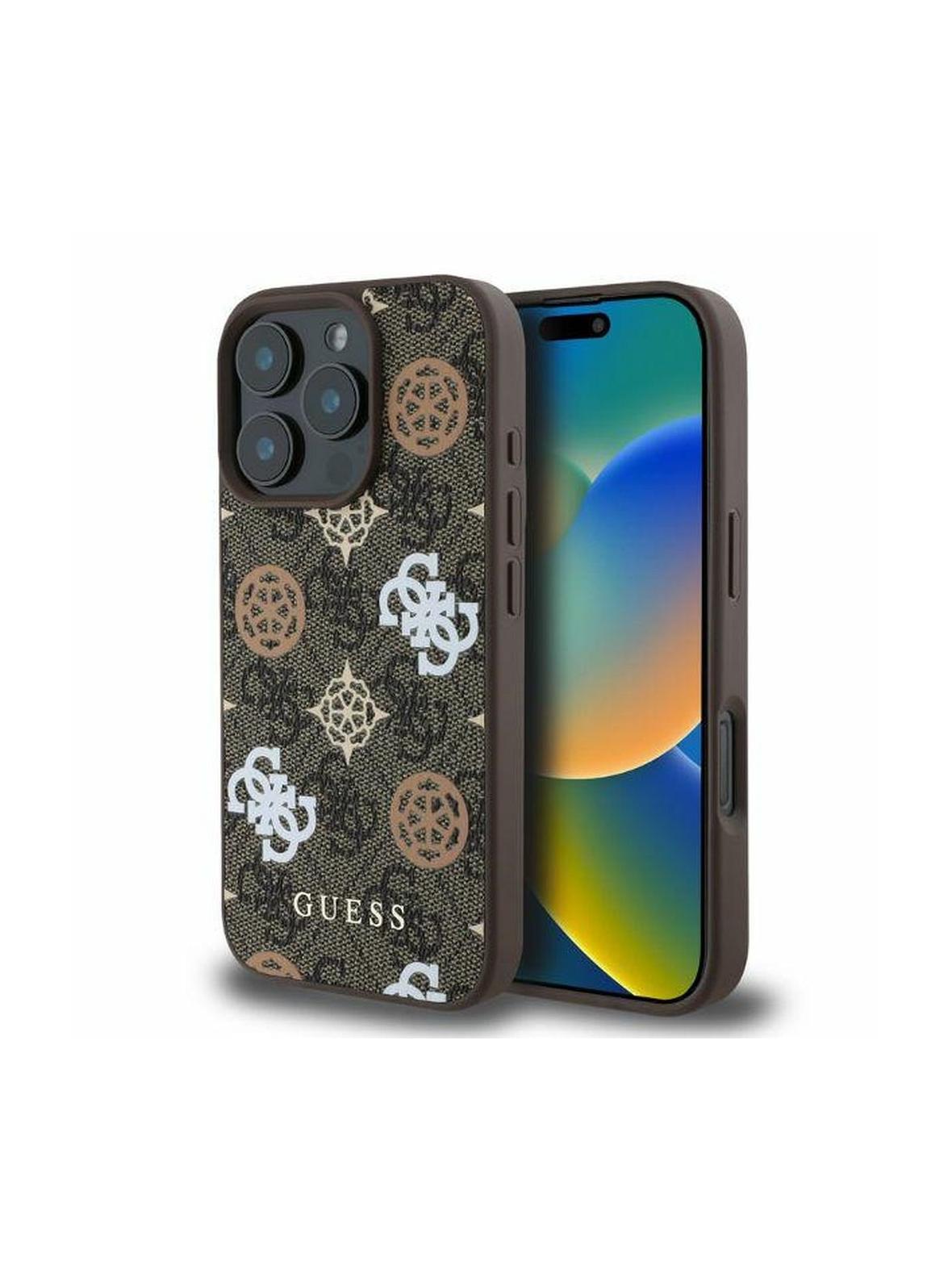 GUESS futerał do IPHONE 16 Pro kompatybilny z MagSafe GUHMP16LP4PWPW (PU Peony on 4G Background) brązowy