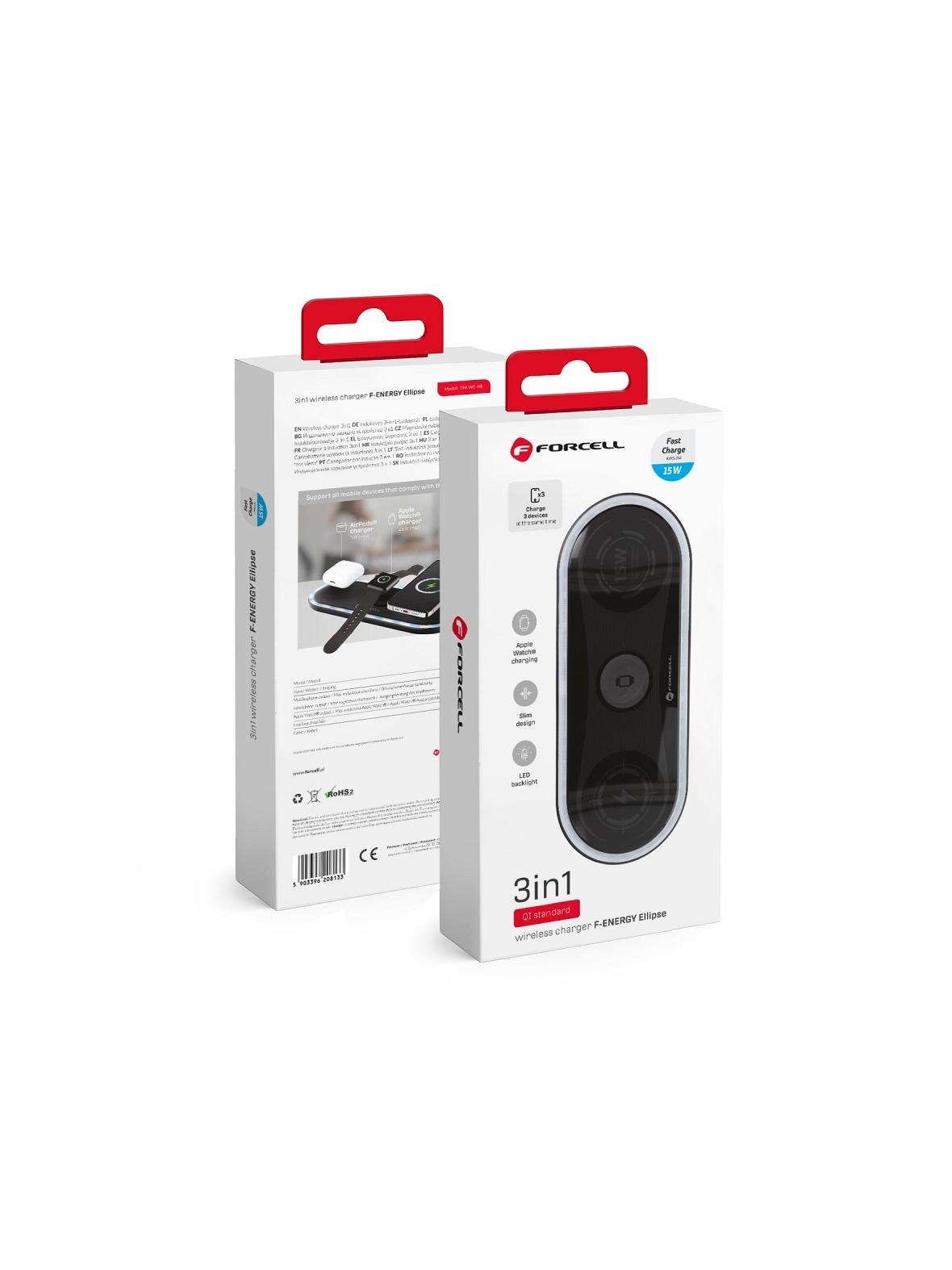 Ładowarka indukcyjna Forcell F-Energy Ellipse 3w1 Qi QC 15W kompatybilna z Apple + kabel USB C do USB A czarna