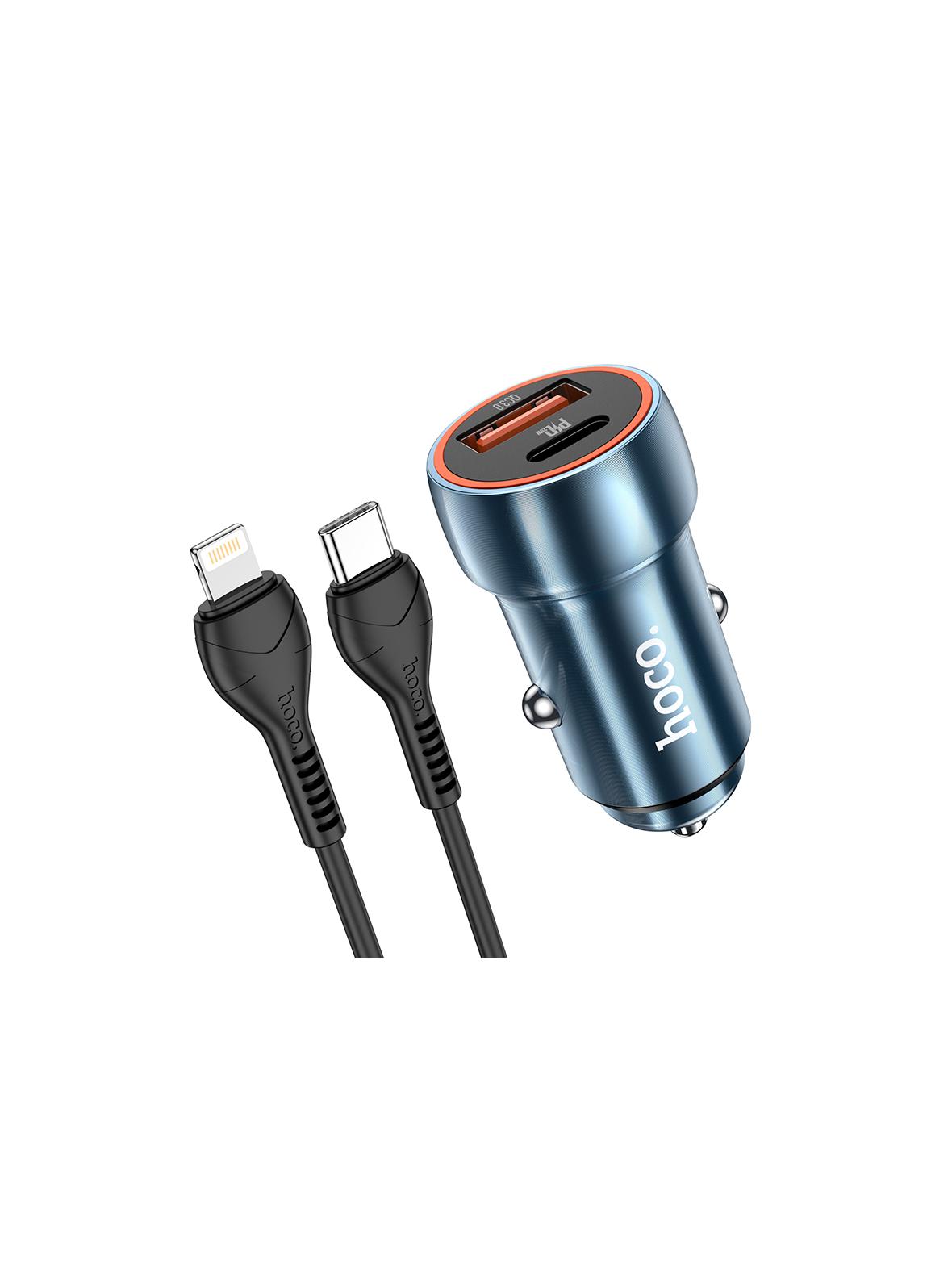 Ładowarka samochodowa Hoco USB A + USB C QC3.0 PD 3A 20W + kabel USB C do Lightning Z46A niebieska