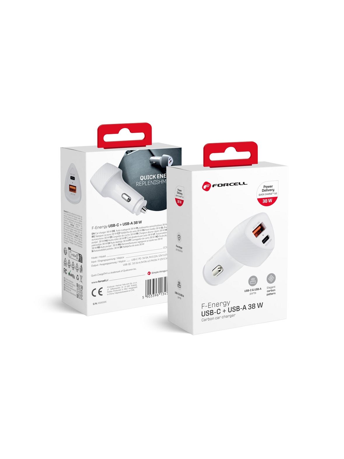 Ładowarka samochodowa Forcell F-Energy Carbon USB C + USB A QC3.0 PD 3A 38W CC50-1A1C biała