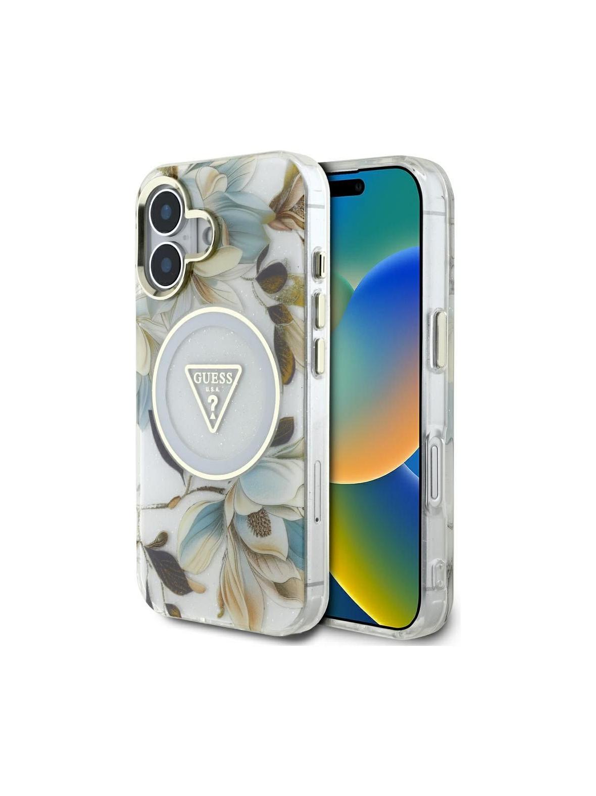 GUESS futerał do IPHONE 16 kompatybyliny z MagSafe GUHMP16SHFLPEDH (IML Metal Glitter Flowers Triangle) biały