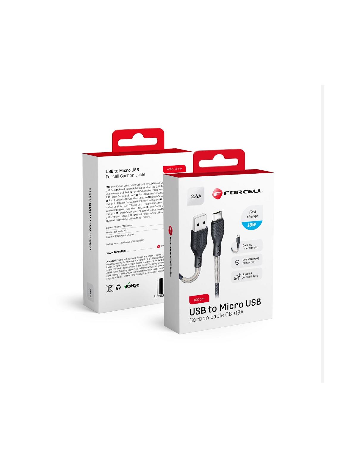 Kabel USB A do Micro USB Forcell F-Energy 2,4A 18W Carbon 1 m CB-03A czarny